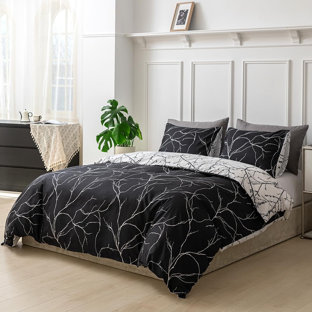 image:imageLekesky Duvet Cover Queen Size Reversible Botanical Floral Duvet Cover Set with Zipper Closure 3 Pieces Soft Microfiber Green Bedding Set 1Duvet Cover 90x90 2 Pillowcases 20x26B Black Branch