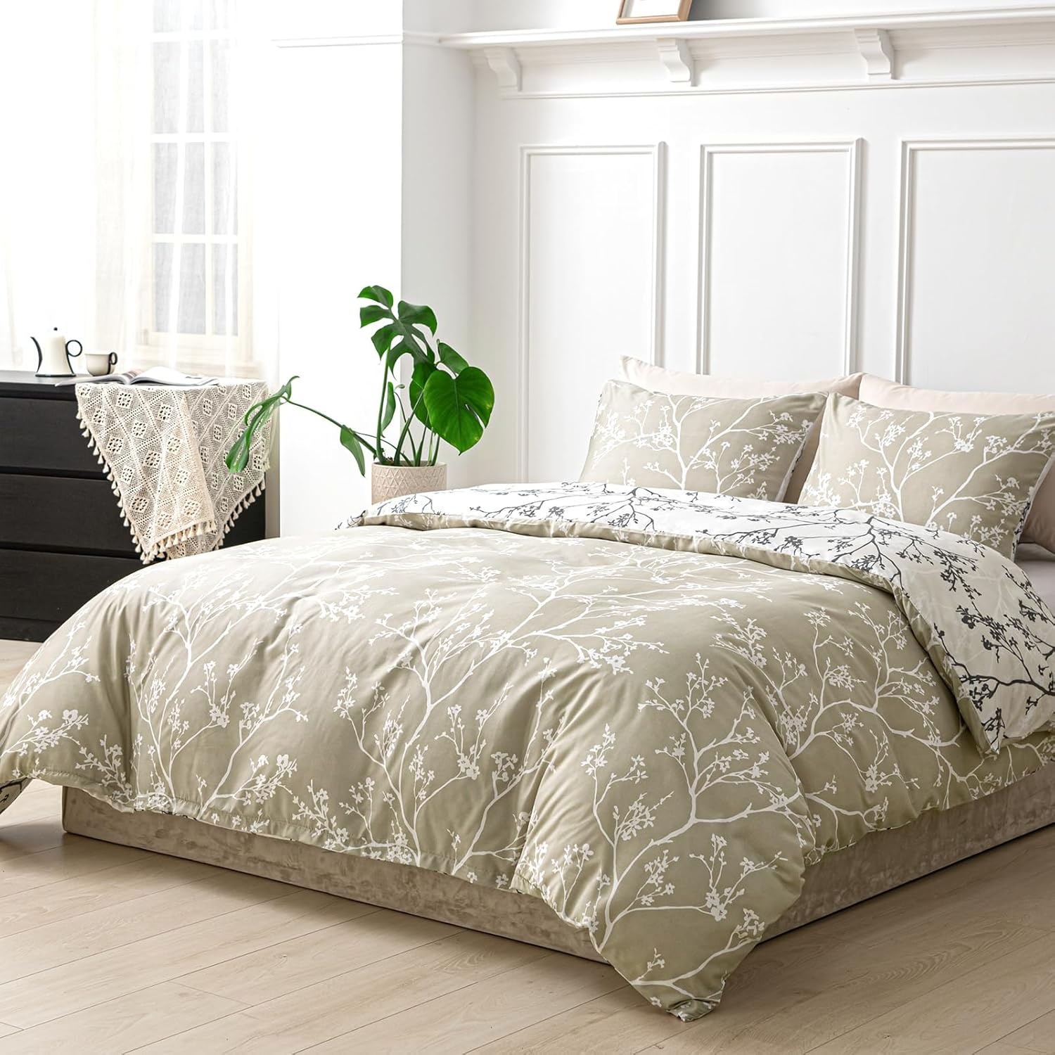 image:imageLekesky Duvet Cover Queen Size Reversible Botanical Floral Duvet Cover Set with Zipper Closure 3 Pieces Soft Microfiber Green Bedding Set 1Duvet Cover 90x90 2 Pillowcases 20x26C Khaki Whiteno Comforter