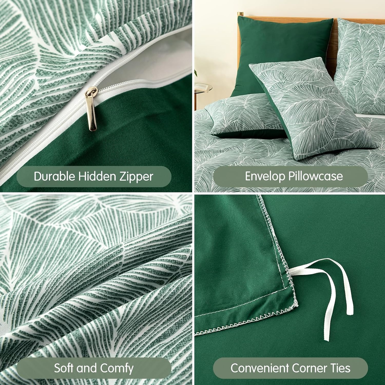 image:imageLekesky Duvet Cover Queen Size Reversible Botanical Floral Duvet Cover Set with Zipper Closure 3 Pieces Soft Microfiber Green Bedding Set 1Duvet Cover 90x90 2 Pillowcases 20x26A Emerald Greenno Comforter