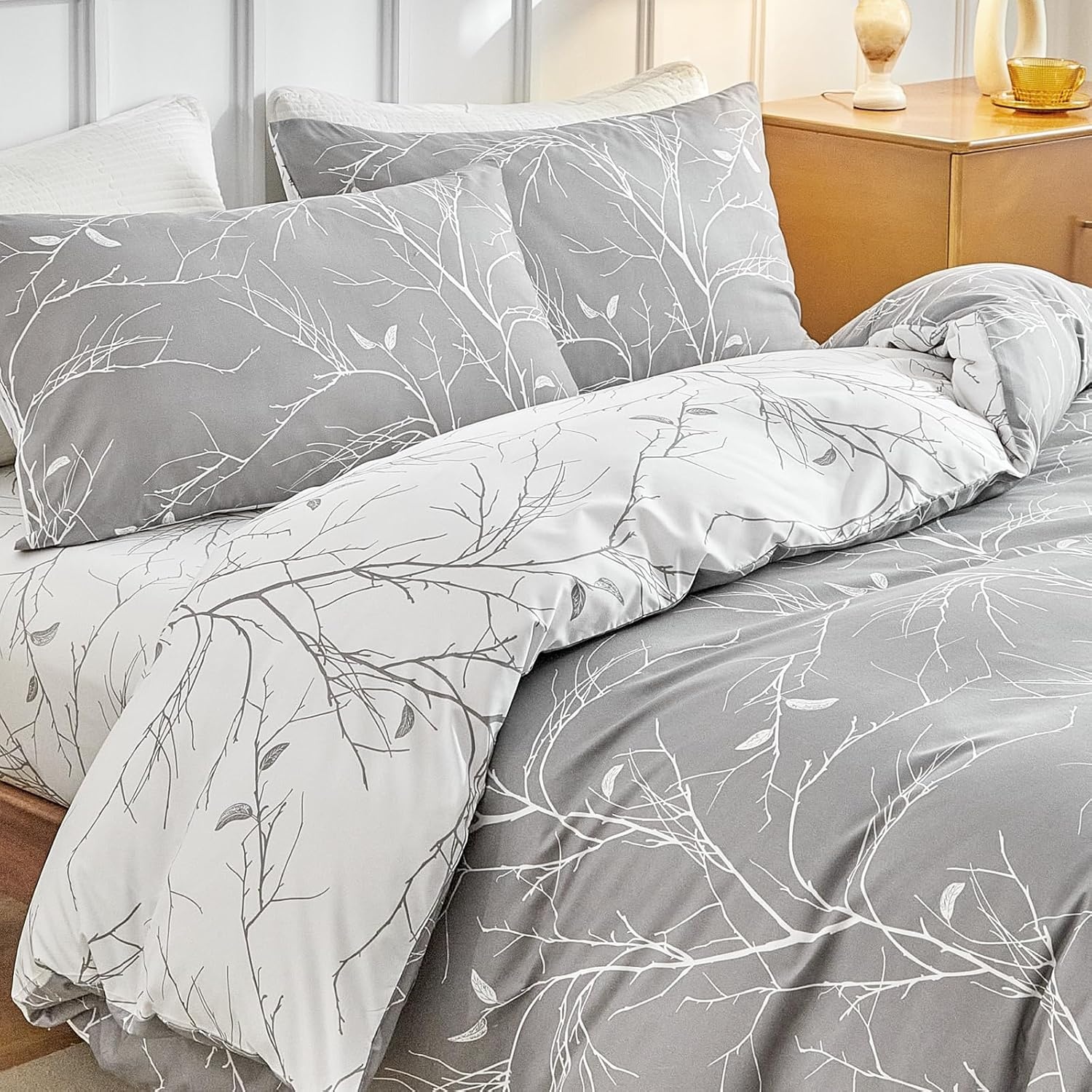 image:imageLekesky Duvet Cover Queen Size Reversible Botanical Floral Duvet Cover Set with Zipper Closure 3 Pieces Soft Microfiber Green Bedding Set 1Duvet Cover 90x90 2 Pillowcases 20x26Bgrey Branch