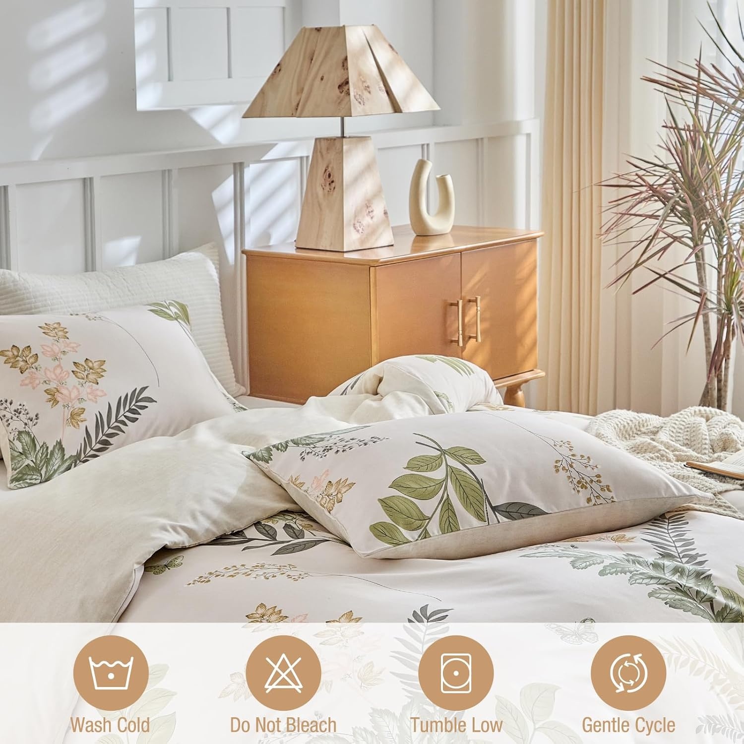 image:imageLekesky Duvet Cover Queen Size Reversible Botanical Floral Duvet Cover Set with Zipper Closure 3 Pieces Soft Microfiber Green Bedding Set 1Duvet Cover 90x90 2 Pillowcases 20x26C Whitegreen Leaf No Comforter