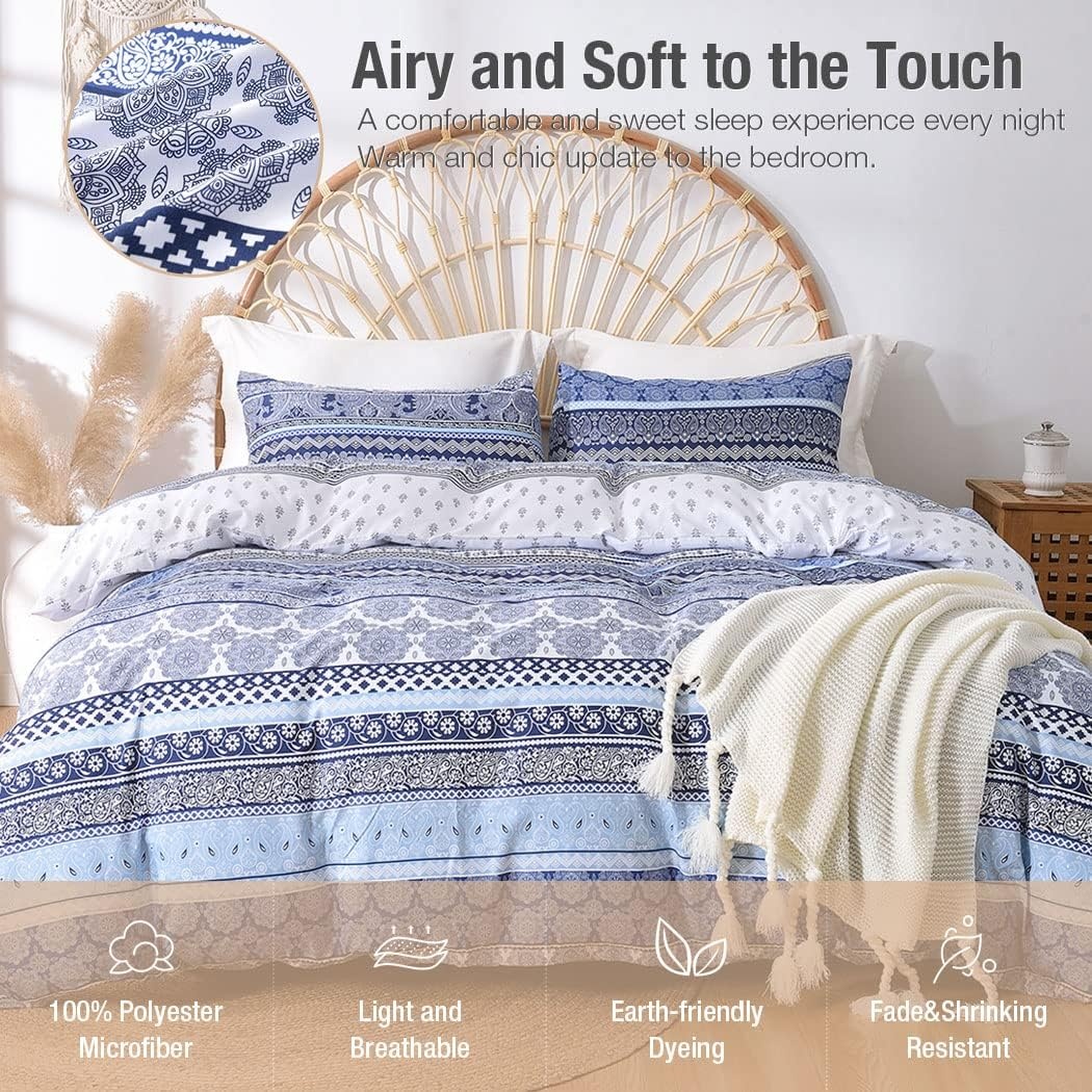 image:imageLekesky Duvet Cover Queen Size Reversible Botanical Floral Duvet Cover Set with Zipper Closure 3 Pieces Soft Microfiber Green Bedding Set 1Duvet Cover 90x90 2 Pillowcases 20x26A Blue Bohemia Style