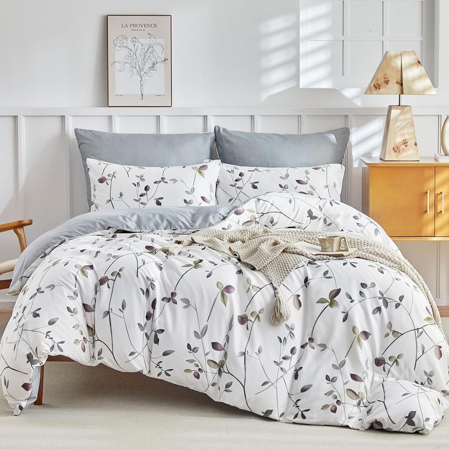 image:imageLekesky Duvet Cover Queen Size Reversible Botanical Floral Duvet Cover Set with Zipper Closure 3 Pieces Soft Microfiber Green Bedding Set 1Duvet Cover 90x90 2 Pillowcases 20x26Bwhite Grey Tree