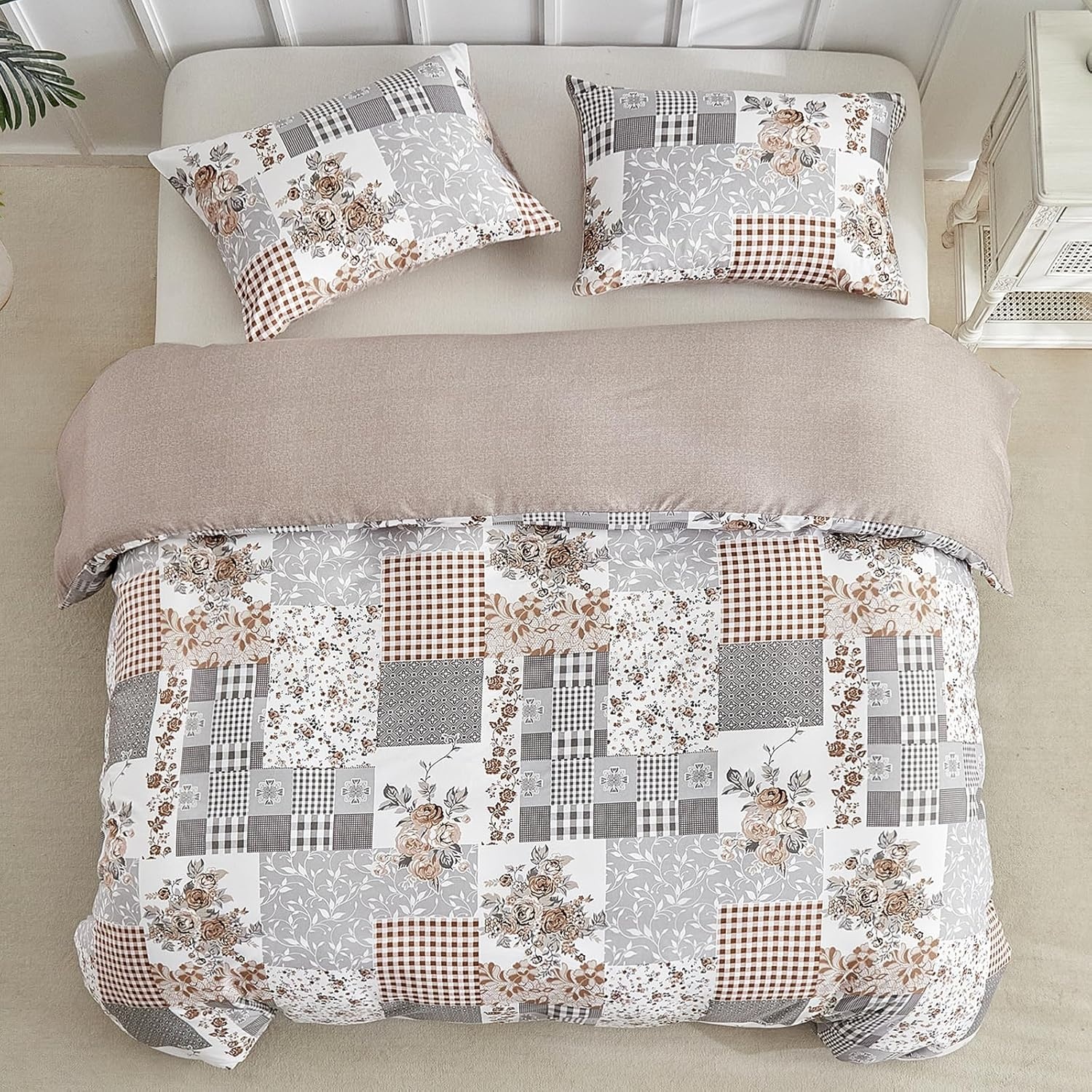 image:imageLekesky Duvet Cover Queen Size Reversible Botanical Floral Duvet Cover Set with Zipper Closure 3 Pieces Soft Microfiber Green Bedding Set 1Duvet Cover 90x90 2 Pillowcases 20x26Dpatchworkgrey