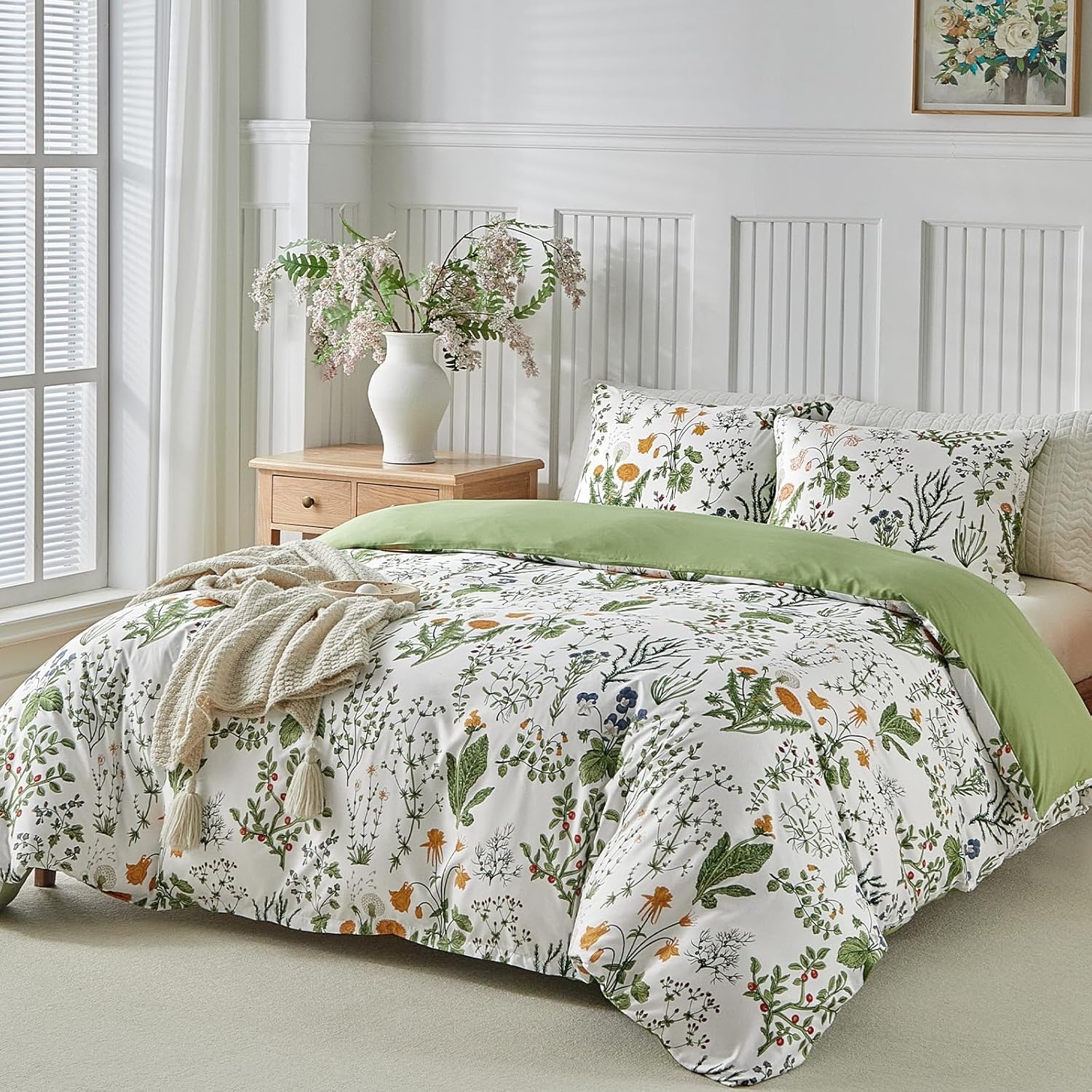 image:imageLekesky Duvet Cover Queen Size Reversible Botanical Floral Duvet Cover Set with Zipper Closure 3 Pieces Soft Microfiber Green Bedding Set 1Duvet Cover 90x90 2 Pillowcases 20x26C Green Floralno Comforter