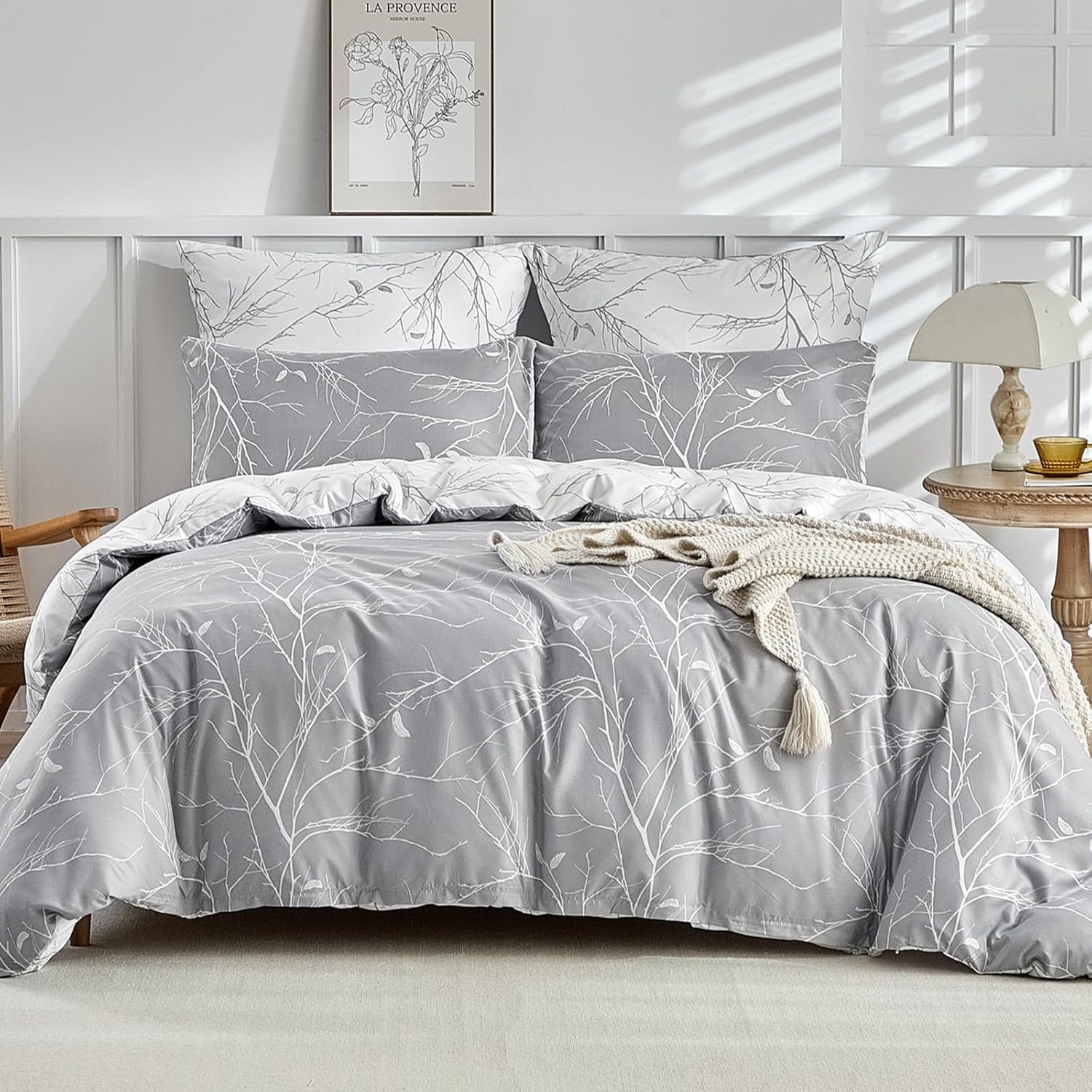 image:imageLekesky Duvet Cover Queen Size Reversible Botanical Floral Duvet Cover Set with Zipper Closure 3 Pieces Soft Microfiber Green Bedding Set 1Duvet Cover 90x90 2 Pillowcases 20x26Bgrey Branch