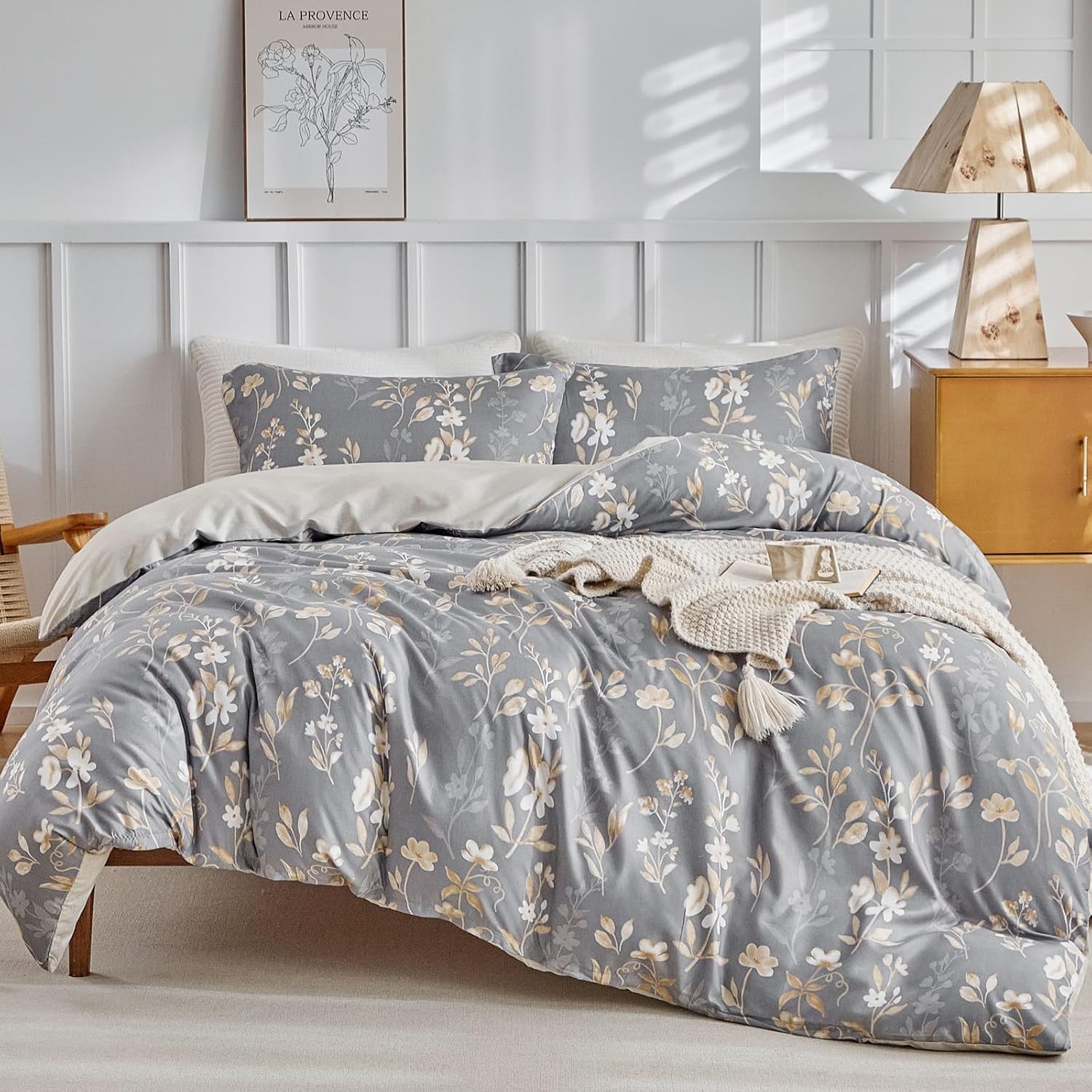 image:imageLekesky Duvet Cover Queen Size Reversible Botanical Floral Duvet Cover Set with Zipper Closure 3 Pieces Soft Microfiber Green Bedding Set 1Duvet Cover 90x90 2 Pillowcases 20x26A Grey Goldno Comforter