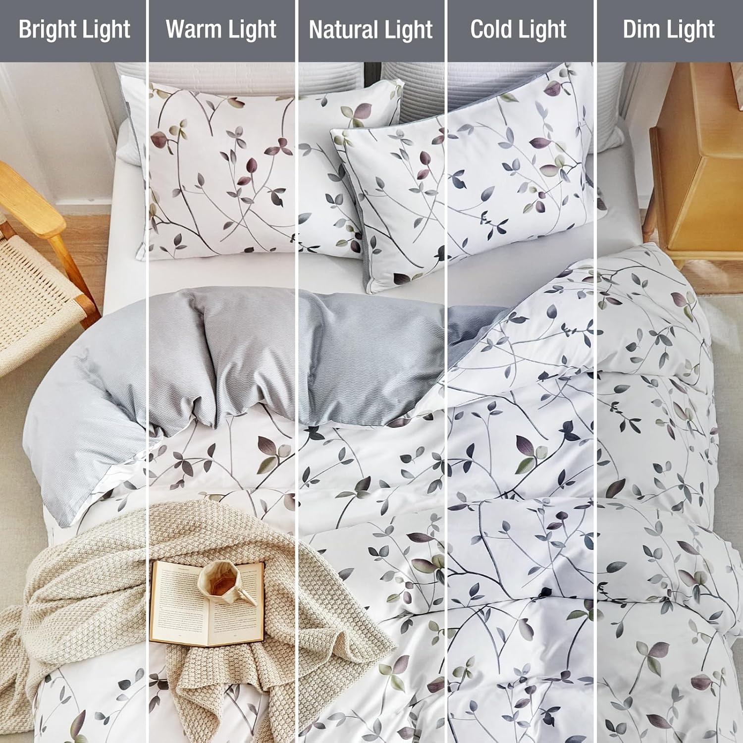 image:imageLekesky Duvet Cover Queen Size Reversible Botanical Floral Duvet Cover Set with Zipper Closure 3 Pieces Soft Microfiber Green Bedding Set 1Duvet Cover 90x90 2 Pillowcases 20x26Bwhite Grey Tree