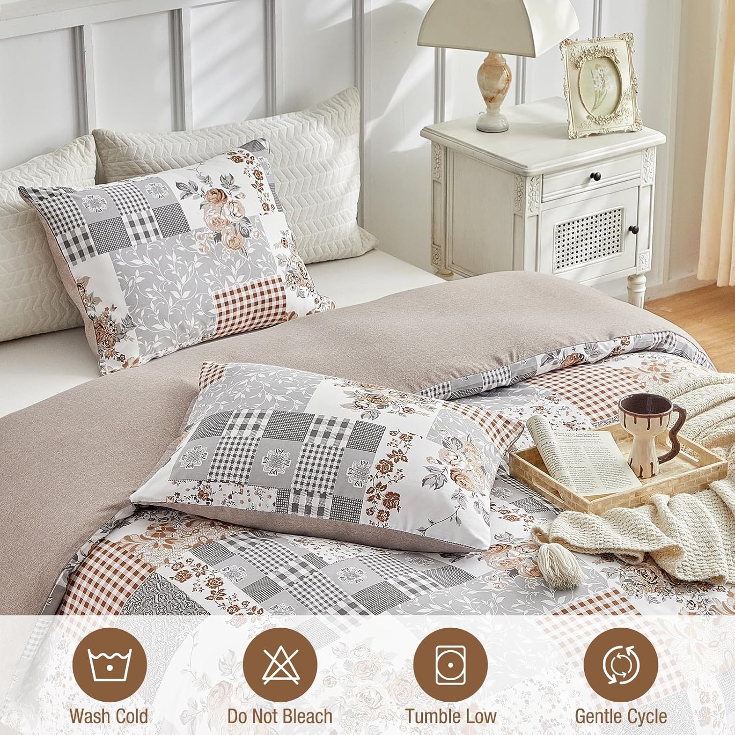 image:imageLekesky Duvet Cover Queen Size Reversible Botanical Floral Duvet Cover Set with Zipper Closure 3 Pieces Soft Microfiber Green Bedding Set 1Duvet Cover 90x90 2 Pillowcases 20x26Dpatchworkgrey