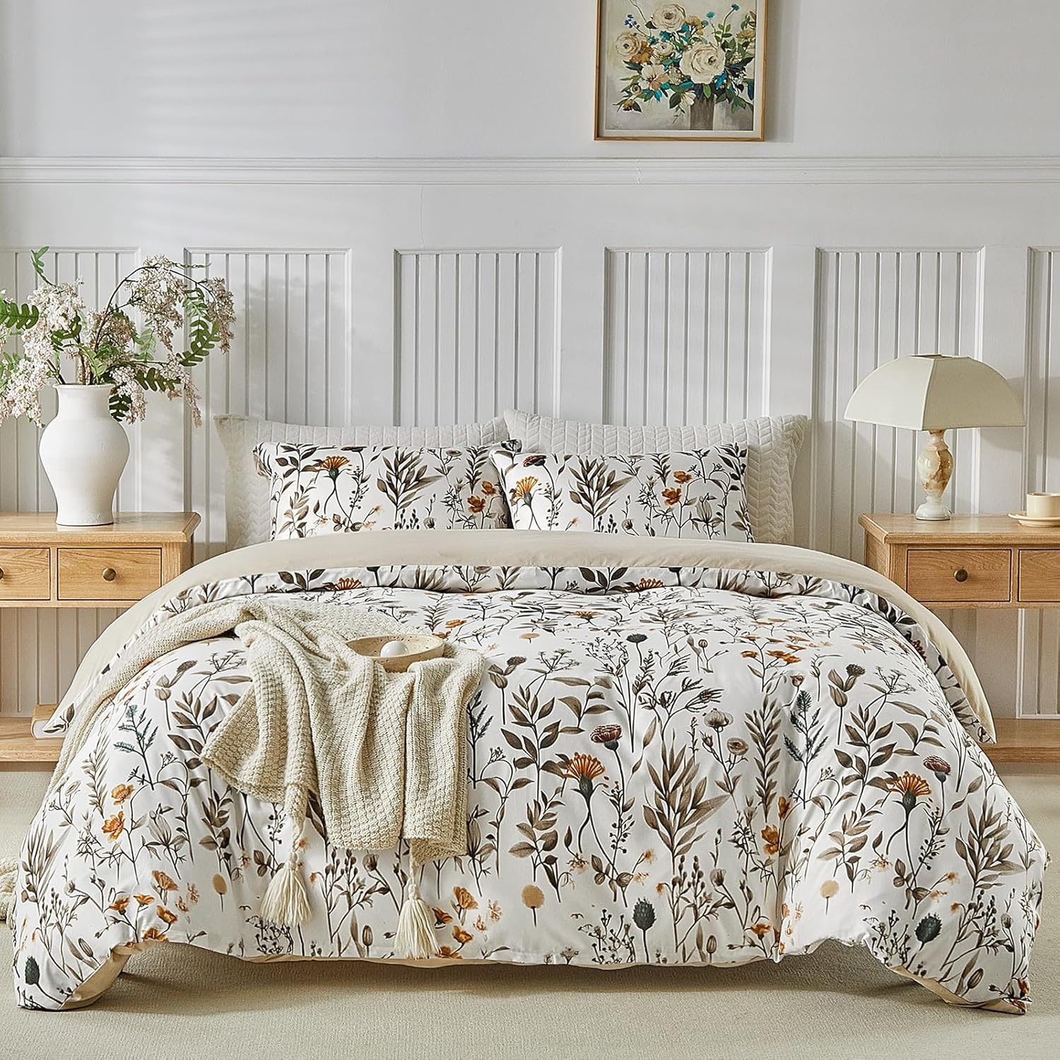 image:imageLekesky Duvet Cover Queen Size Reversible Botanical Floral Duvet Cover Set with Zipper Closure 3 Pieces Soft Microfiber Green Bedding Set 1Duvet Cover 90x90 2 Pillowcases 20x26C White Earthno Comforter