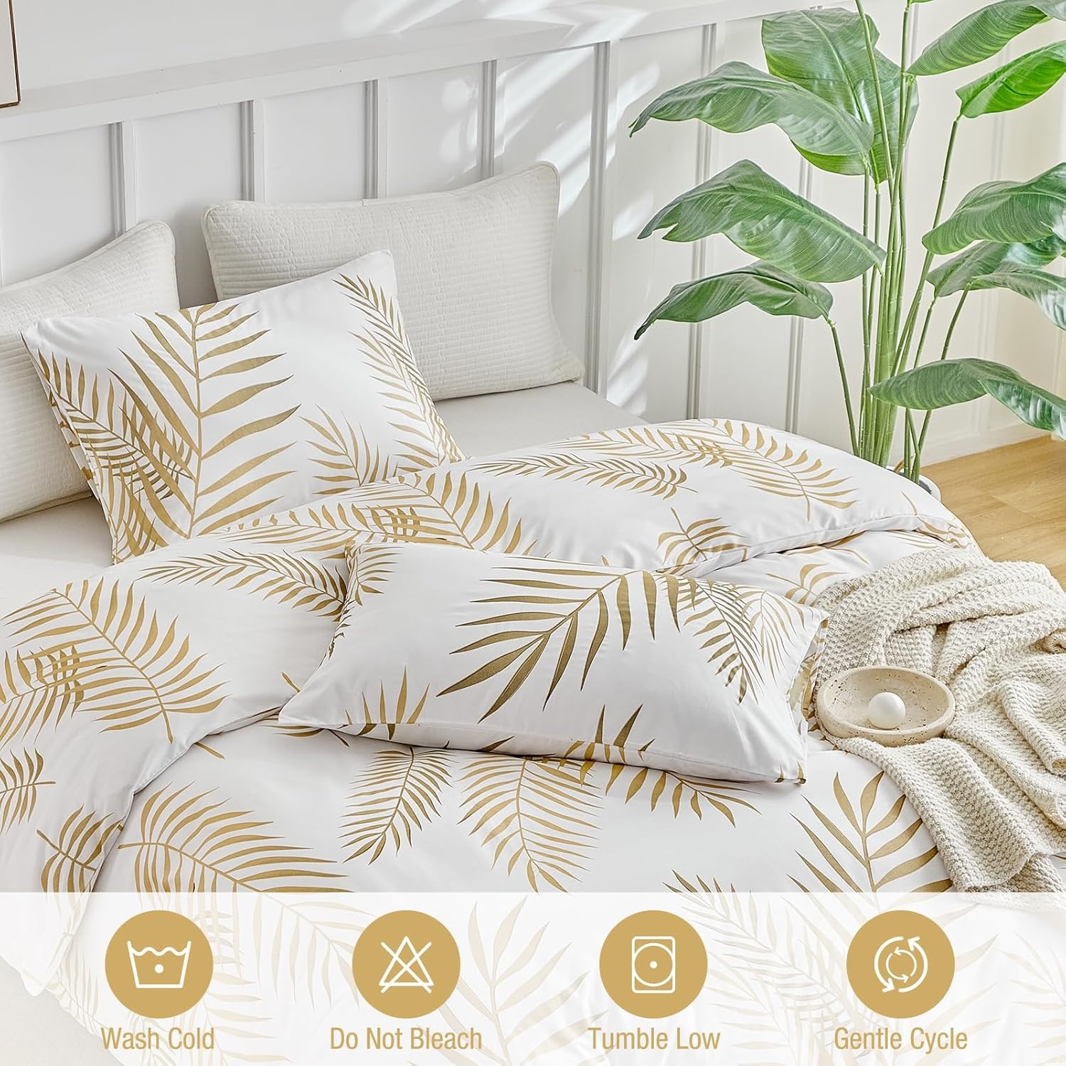 image:imageLekesky Duvet Cover Queen Size Reversible Botanical Floral Duvet Cover Set with Zipper Closure 3 Pieces Soft Microfiber Green Bedding Set 1Duvet Cover 90x90 2 Pillowcases 20x26C Whitegold Leaf No Comforter
