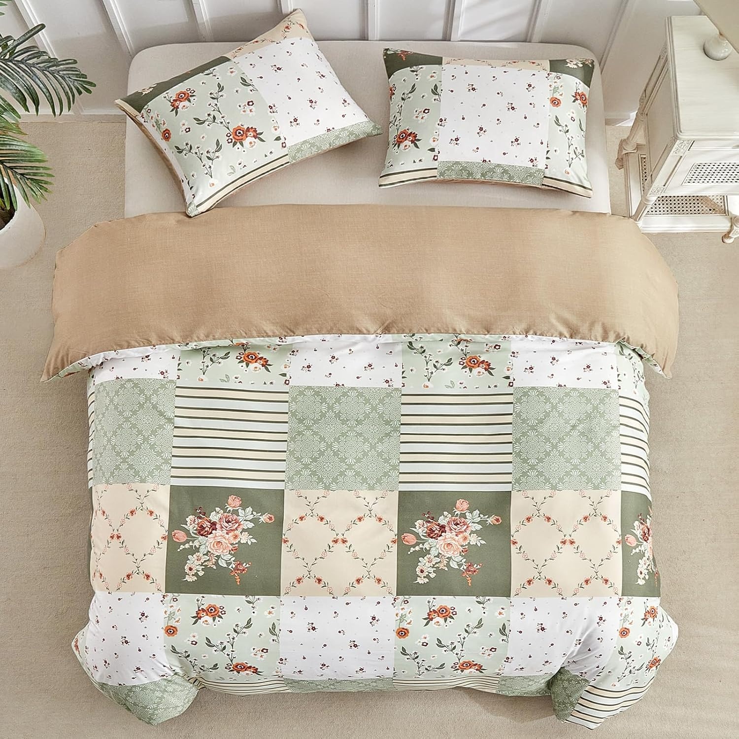 image:imageLekesky Duvet Cover Queen Size Reversible Botanical Floral Duvet Cover Set with Zipper Closure 3 Pieces Soft Microfiber Green Bedding Set 1Duvet Cover 90x90 2 Pillowcases 20x26Dpatchworkgreen