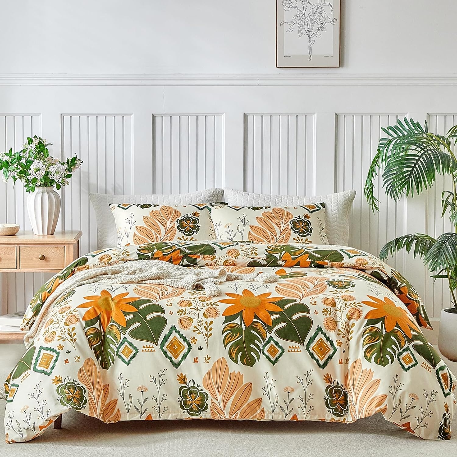image:imageLekesky Duvet Cover Queen Size Reversible Botanical Floral Duvet Cover Set with Zipper Closure 3 Pieces Soft Microfiber Green Bedding Set 1Duvet Cover 90x90 2 Pillowcases 20x26C Yellowbaroque