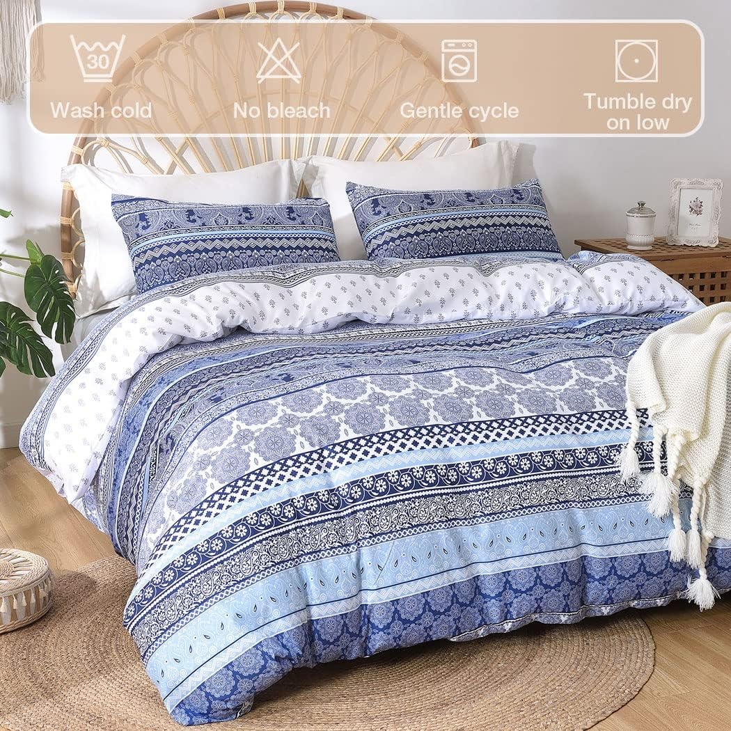 image:imageLekesky Duvet Cover Queen Size Reversible Botanical Floral Duvet Cover Set with Zipper Closure 3 Pieces Soft Microfiber Green Bedding Set 1Duvet Cover 90x90 2 Pillowcases 20x26A Blue Bohemia Style