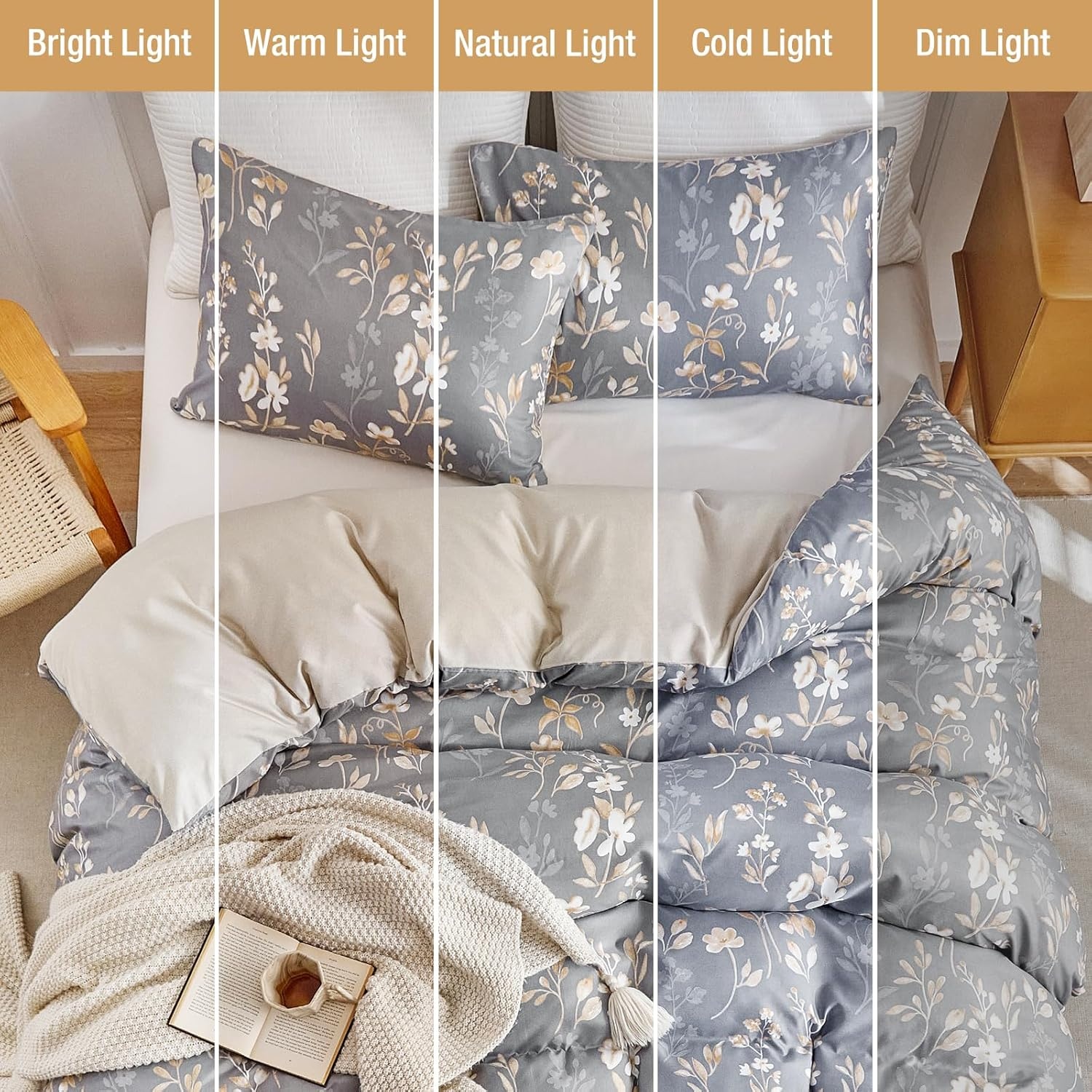 image:imageLekesky Duvet Cover Queen Size Reversible Botanical Floral Duvet Cover Set with Zipper Closure 3 Pieces Soft Microfiber Green Bedding Set 1Duvet Cover 90x90 2 Pillowcases 20x26A Grey Goldno Comforter
