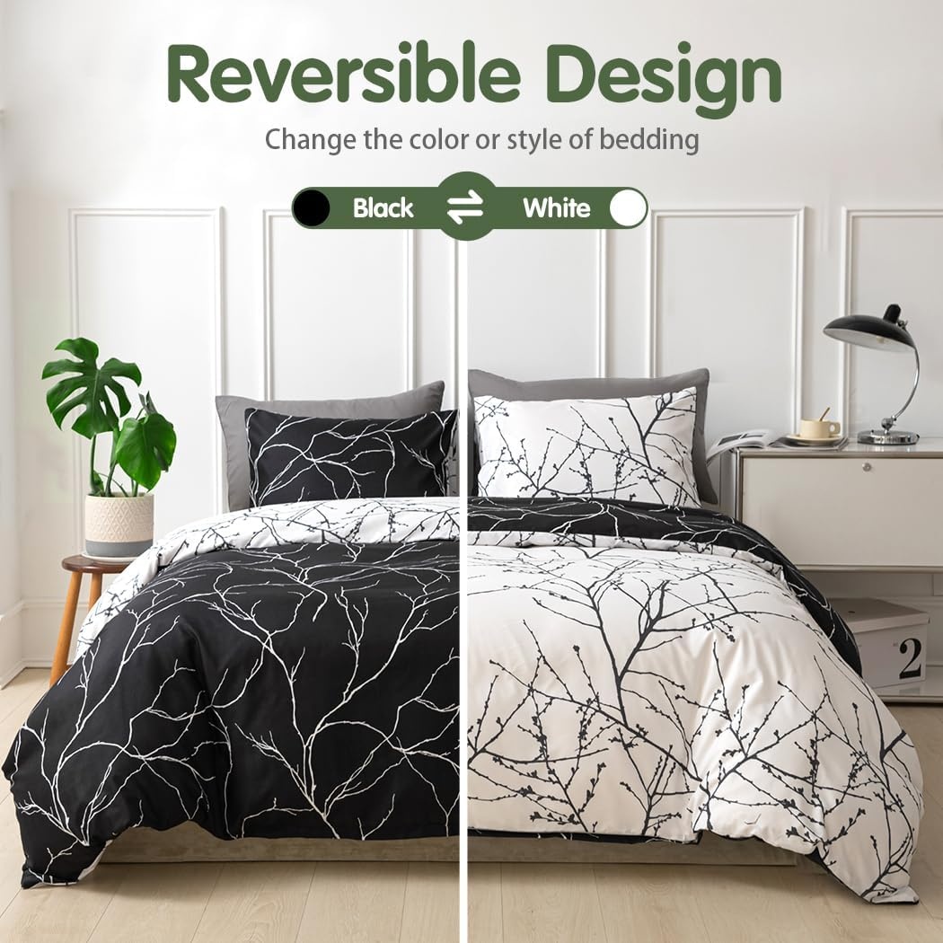 image:imageLekesky Duvet Cover Queen Size Reversible Botanical Floral Duvet Cover Set with Zipper Closure 3 Pieces Soft Microfiber Green Bedding Set 1Duvet Cover 90x90 2 Pillowcases 20x26B Black Branch