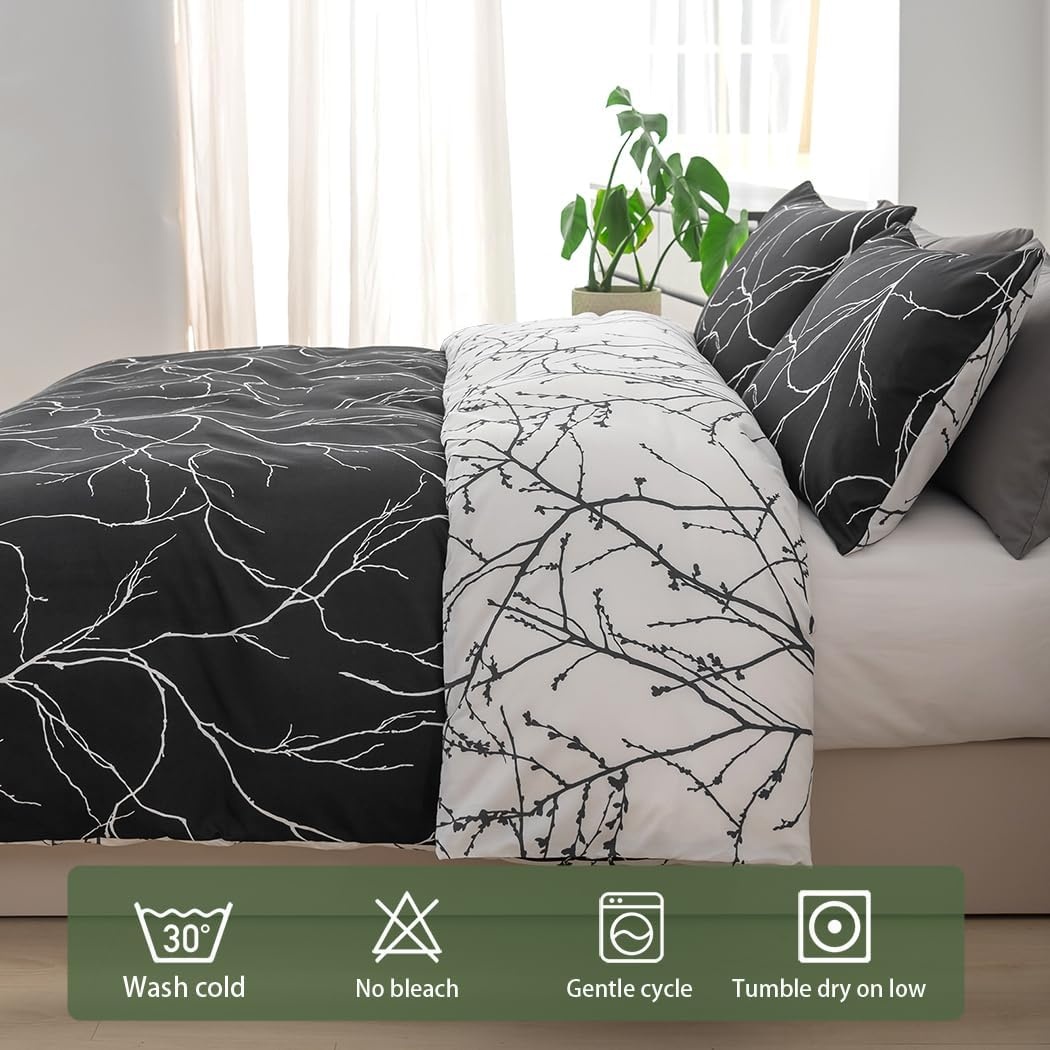 image:imageLekesky Duvet Cover Queen Size Reversible Botanical Floral Duvet Cover Set with Zipper Closure 3 Pieces Soft Microfiber Green Bedding Set 1Duvet Cover 90x90 2 Pillowcases 20x26B Black Branch
