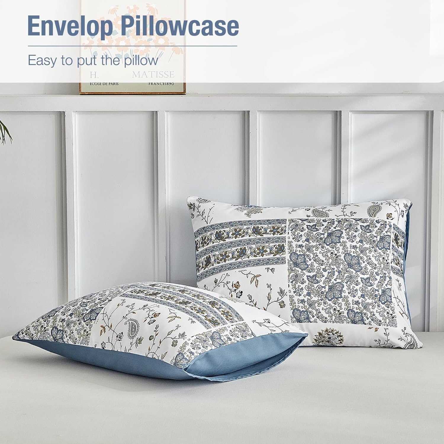 image:imageLekesky Duvet Cover Queen Size Reversible Botanical Floral Duvet Cover Set with Zipper Closure 3 Pieces Soft Microfiber Green Bedding Set 1Duvet Cover 90x90 2 Pillowcases 20x26Dpatchworkblue