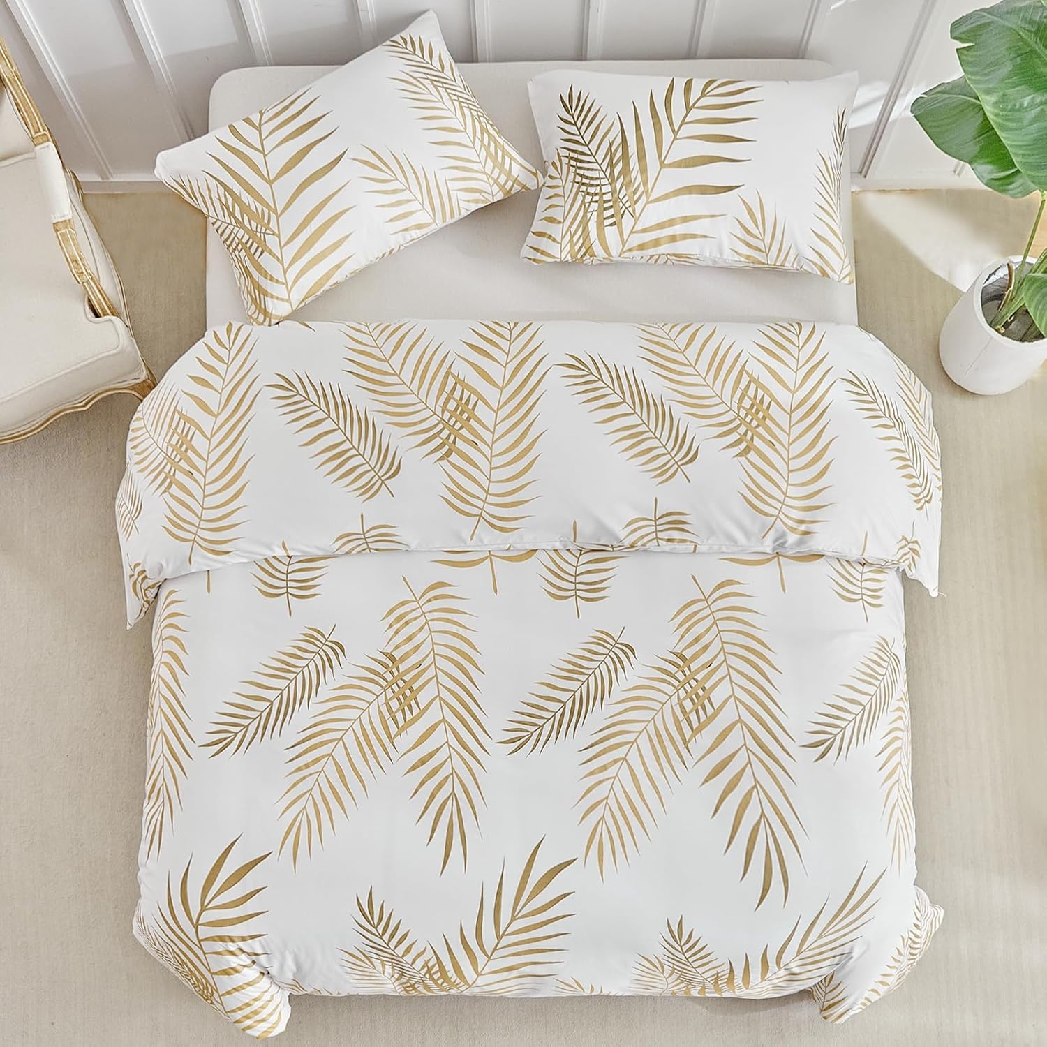 image:imageLekesky Duvet Cover Queen Size Reversible Botanical Floral Duvet Cover Set with Zipper Closure 3 Pieces Soft Microfiber Green Bedding Set 1Duvet Cover 90x90 2 Pillowcases 20x26C Whitegold Leaf No Comforter