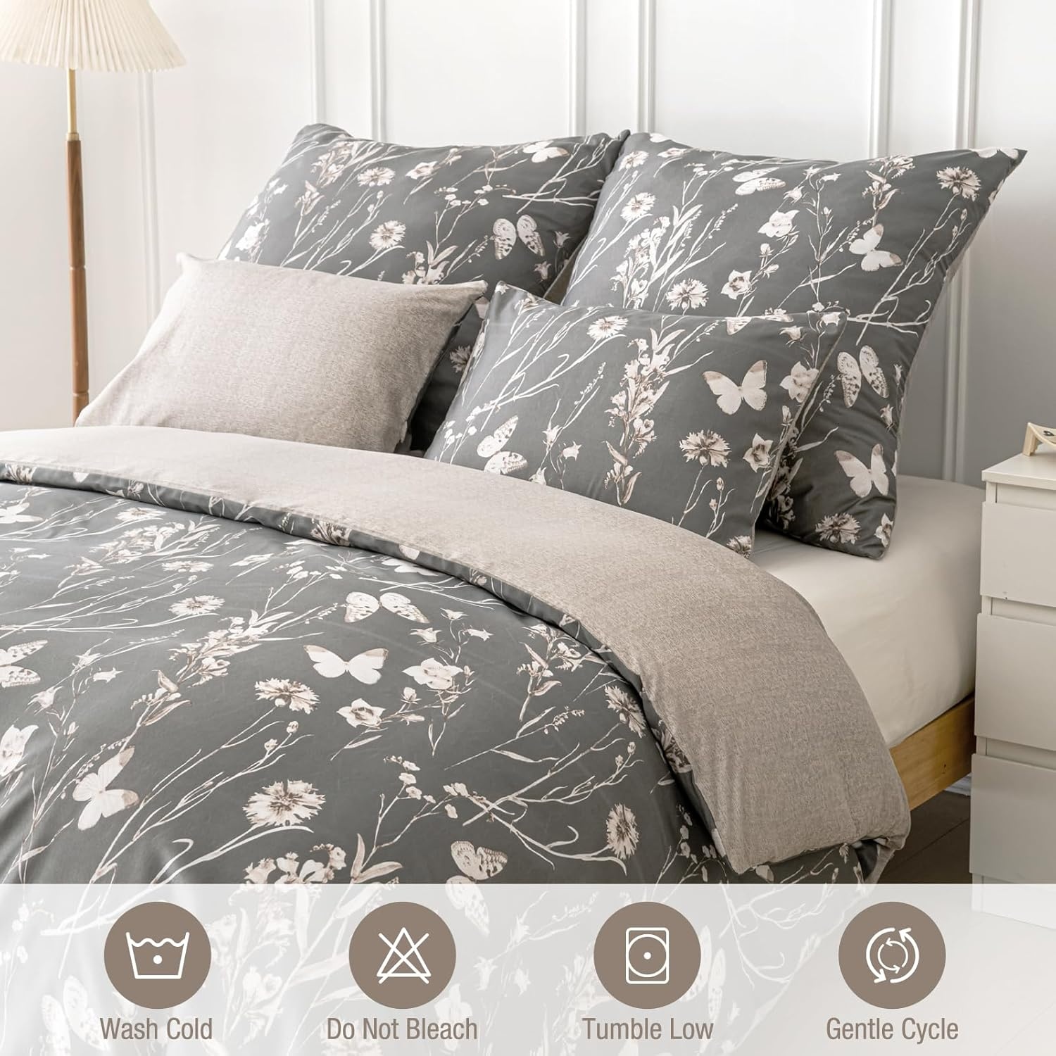 image:imageLekesky Duvet Cover Queen Size Reversible Botanical Floral Duvet Cover Set with Zipper Closure 3 Pieces Soft Microfiber Green Bedding Set 1Duvet Cover 90x90 2 Pillowcases 20x26A Deep Greyno Comforter