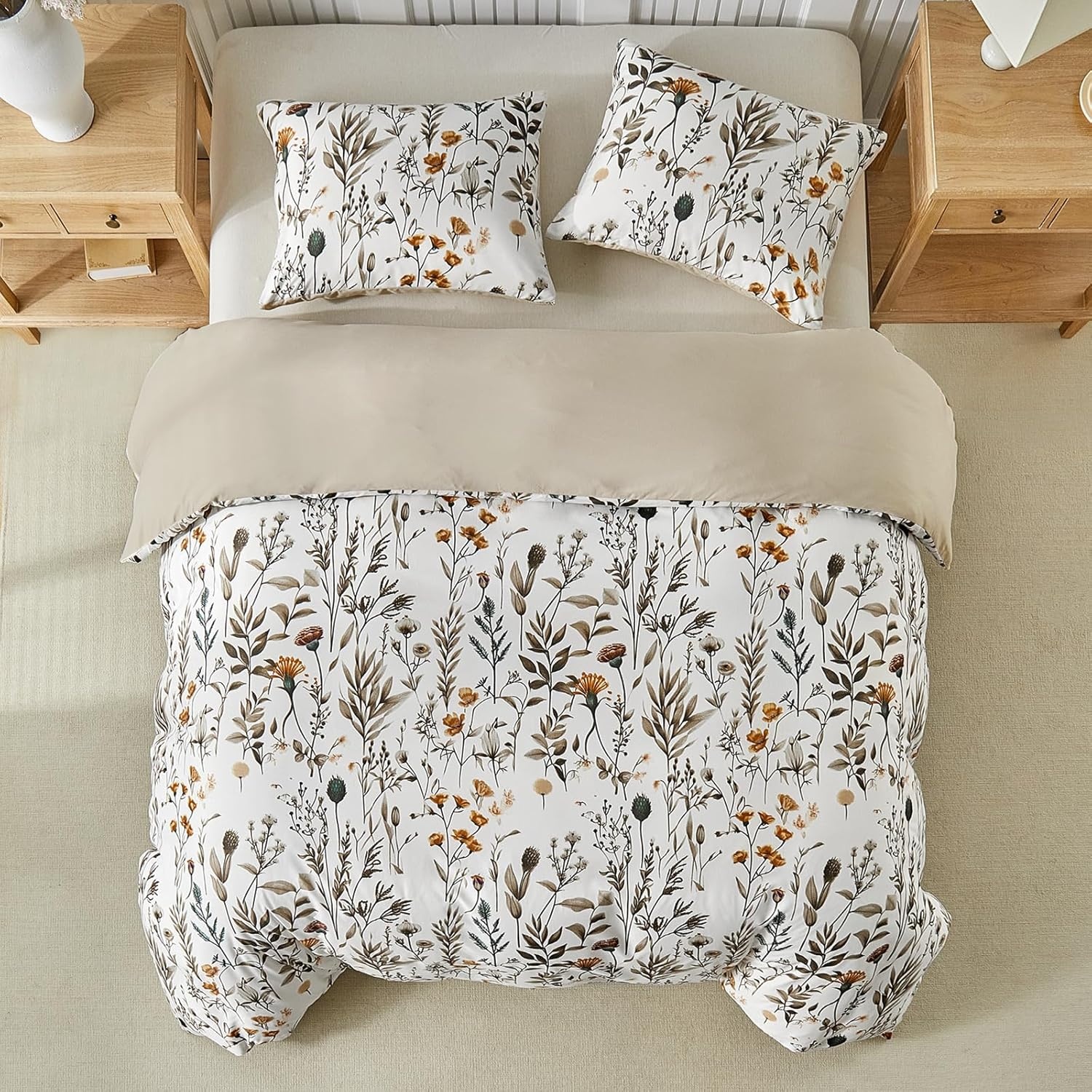 image:imageLekesky Duvet Cover Queen Size Reversible Botanical Floral Duvet Cover Set with Zipper Closure 3 Pieces Soft Microfiber Green Bedding Set 1Duvet Cover 90x90 2 Pillowcases 20x26C White Earthno Comforter
