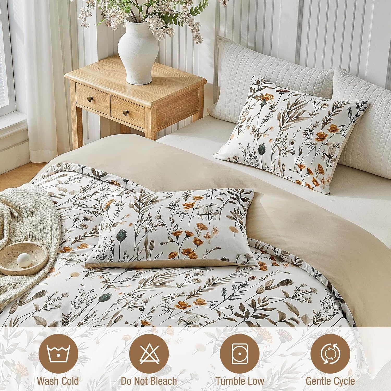 image:imageLekesky Duvet Cover Queen Size Reversible Botanical Floral Duvet Cover Set with Zipper Closure 3 Pieces Soft Microfiber Green Bedding Set 1Duvet Cover 90x90 2 Pillowcases 20x26C White Earthno Comforter