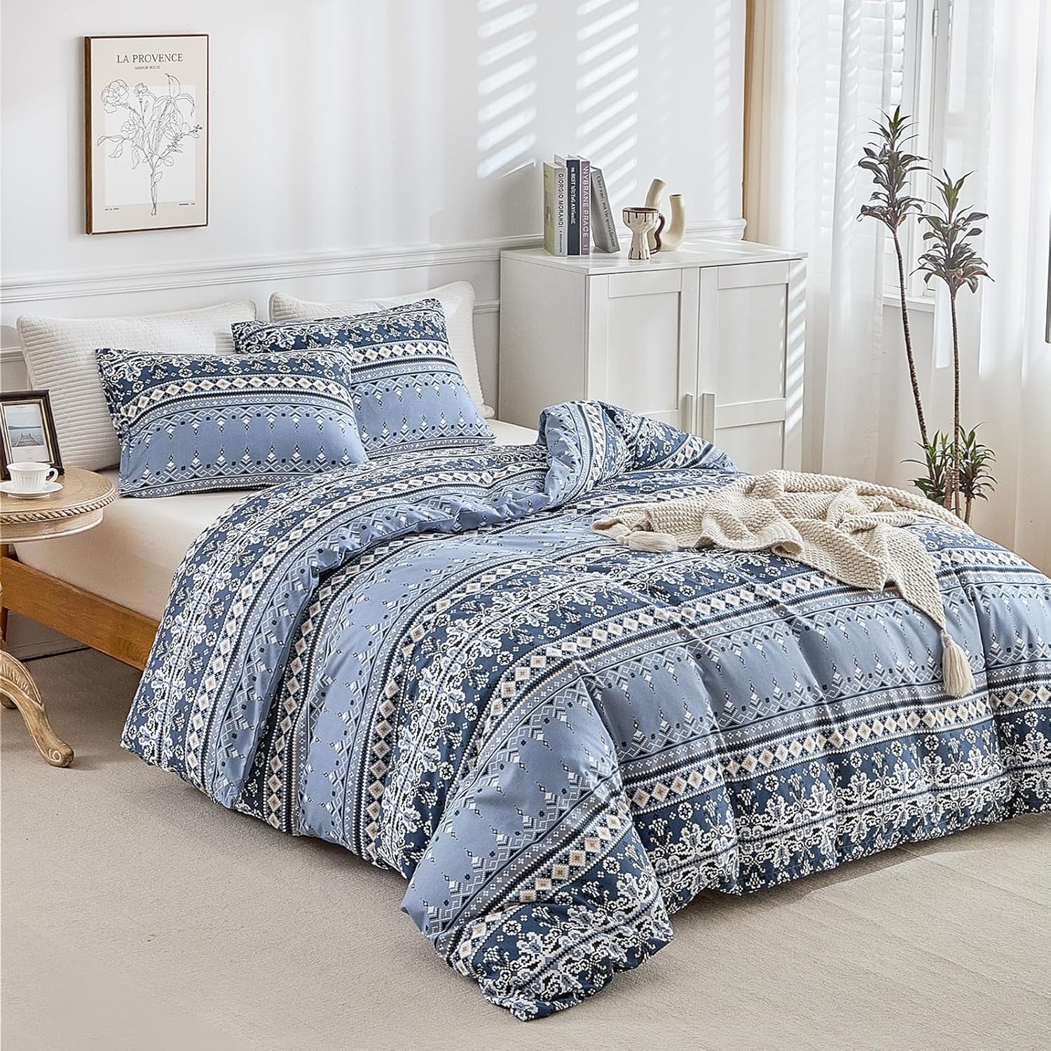 image:imageLekesky Duvet Cover Queen Size Reversible Botanical Floral Duvet Cover Set with Zipper Closure 3 Pieces Soft Microfiber Green Bedding Set 1Duvet Cover 90x90 2 Pillowcases 20x26Bindigo Blue No Comforter