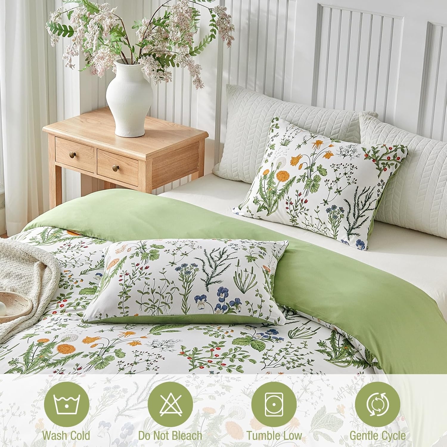 image:imageLekesky Duvet Cover Queen Size Reversible Botanical Floral Duvet Cover Set with Zipper Closure 3 Pieces Soft Microfiber Green Bedding Set 1Duvet Cover 90x90 2 Pillowcases 20x26C Green Floralno Comforter