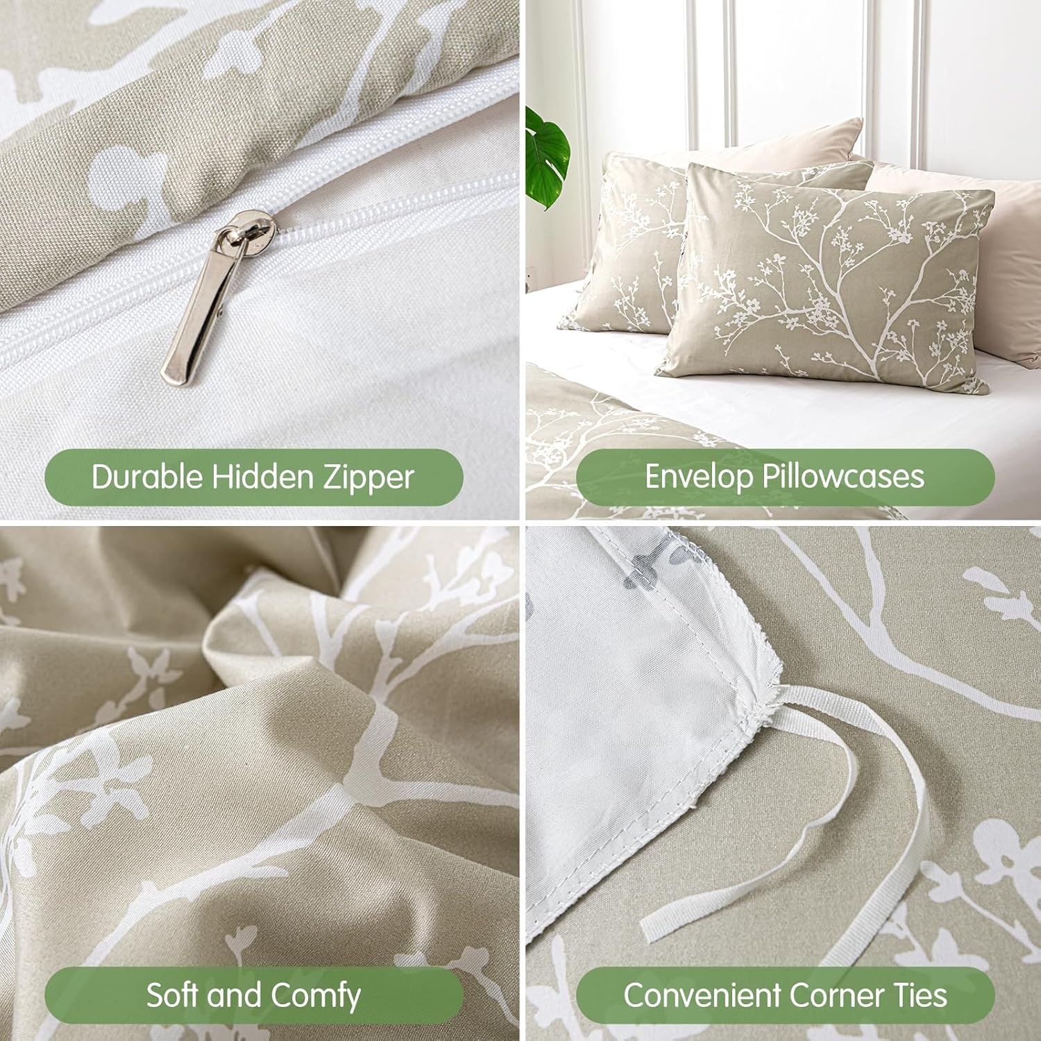 image:imageLekesky Duvet Cover Queen Size Reversible Botanical Floral Duvet Cover Set with Zipper Closure 3 Pieces Soft Microfiber Green Bedding Set 1Duvet Cover 90x90 2 Pillowcases 20x26C Khaki Whiteno Comforter