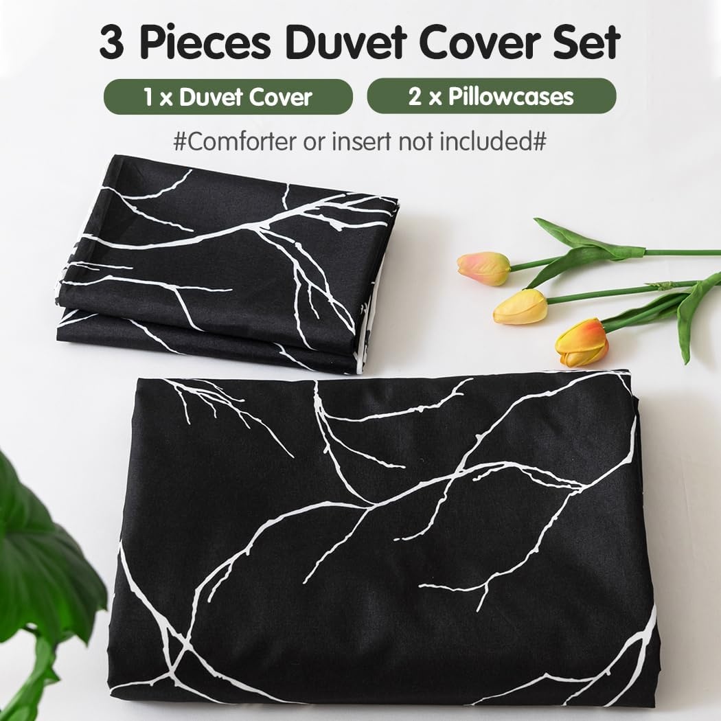 image:imageLekesky Duvet Cover Queen Size Reversible Botanical Floral Duvet Cover Set with Zipper Closure 3 Pieces Soft Microfiber Green Bedding Set 1Duvet Cover 90x90 2 Pillowcases 20x26B Black Branch
