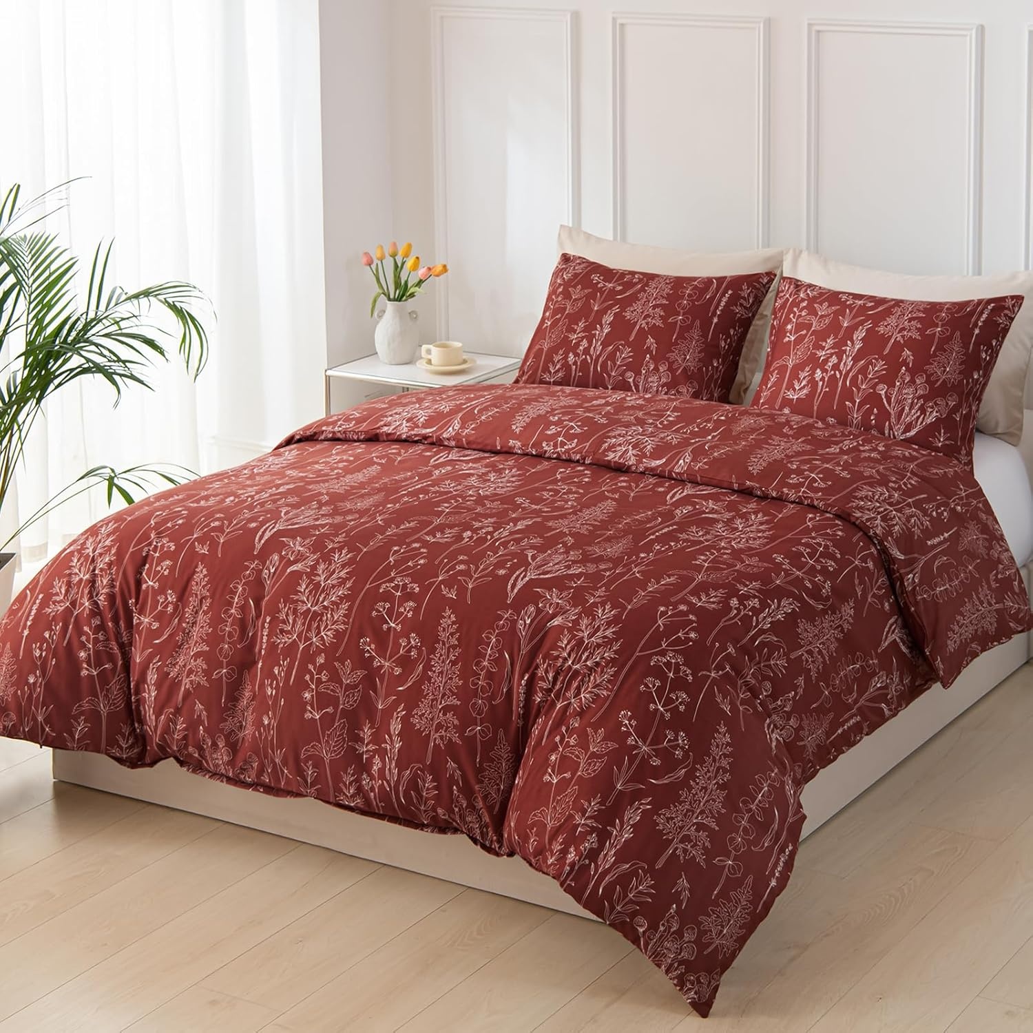 image:imageLekesky Duvet Cover Queen Size Reversible Botanical Floral Duvet Cover Set with Zipper Closure 3 Pieces Soft Microfiber Green Bedding Set 1Duvet Cover 90x90 2 Pillowcases 20x26Fdeep Red