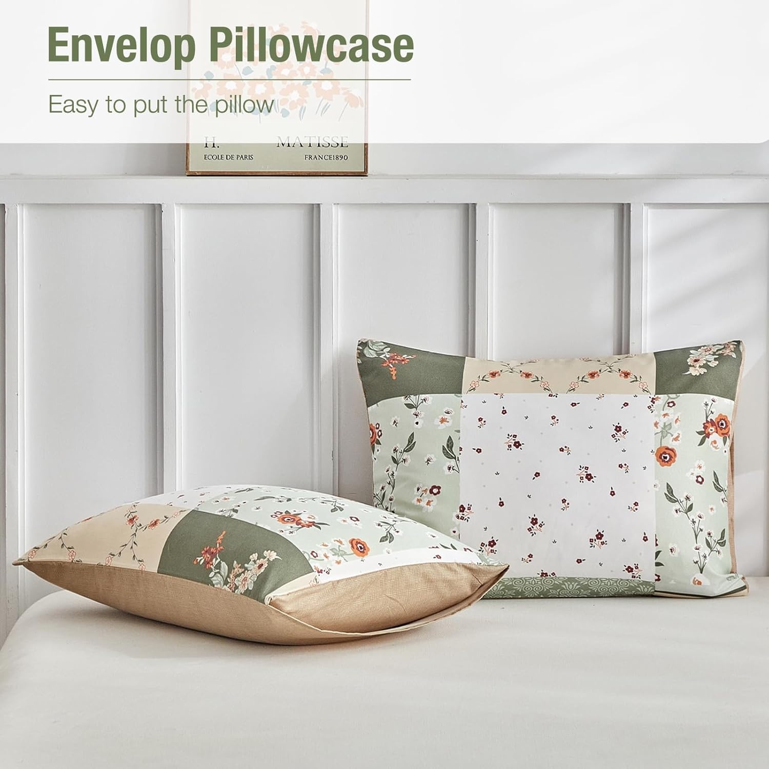 image:imageLekesky Duvet Cover Queen Size Reversible Botanical Floral Duvet Cover Set with Zipper Closure 3 Pieces Soft Microfiber Green Bedding Set 1Duvet Cover 90x90 2 Pillowcases 20x26Dpatchworkgreen