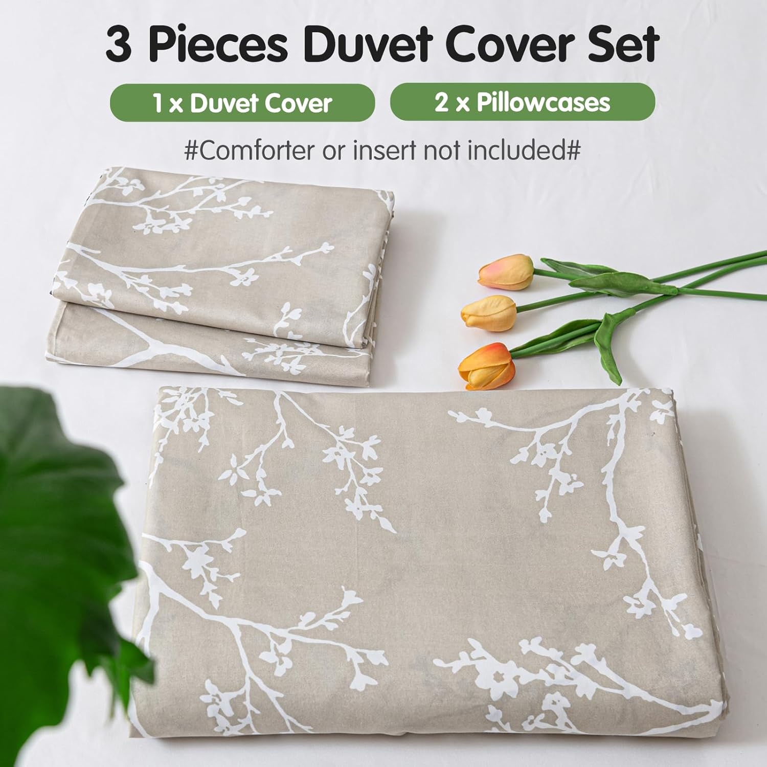 image:imageLekesky Duvet Cover Queen Size Reversible Botanical Floral Duvet Cover Set with Zipper Closure 3 Pieces Soft Microfiber Green Bedding Set 1Duvet Cover 90x90 2 Pillowcases 20x26C Khaki Whiteno Comforter