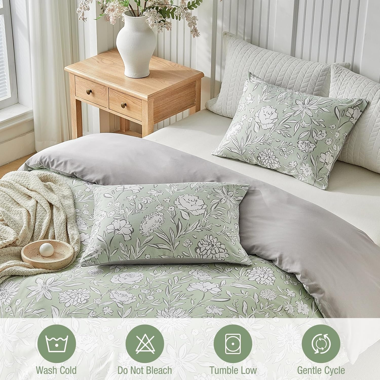 image:imageLekesky Duvet Cover Queen Size Reversible Botanical Floral Duvet Cover Set with Zipper Closure 3 Pieces Soft Microfiber Green Bedding Set 1Duvet Cover 90x90 2 Pillowcases 20x26C Grass Green No Comforter
