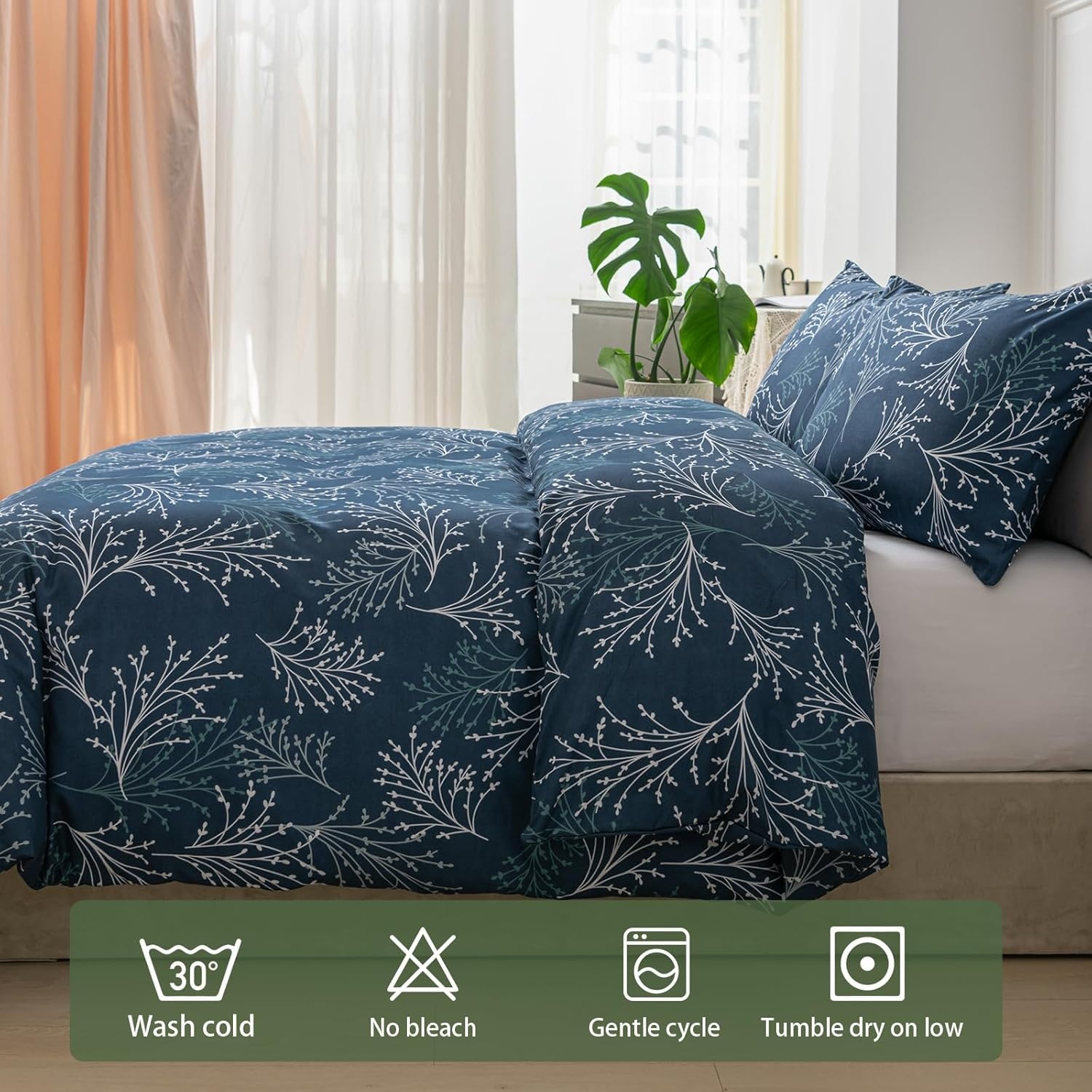image:imageLekesky Duvet Cover Queen Size Reversible Botanical Floral Duvet Cover Set with Zipper Closure 3 Pieces Soft Microfiber Green Bedding Set 1Duvet Cover 90x90 2 Pillowcases 20x26B Navy Blue Branch