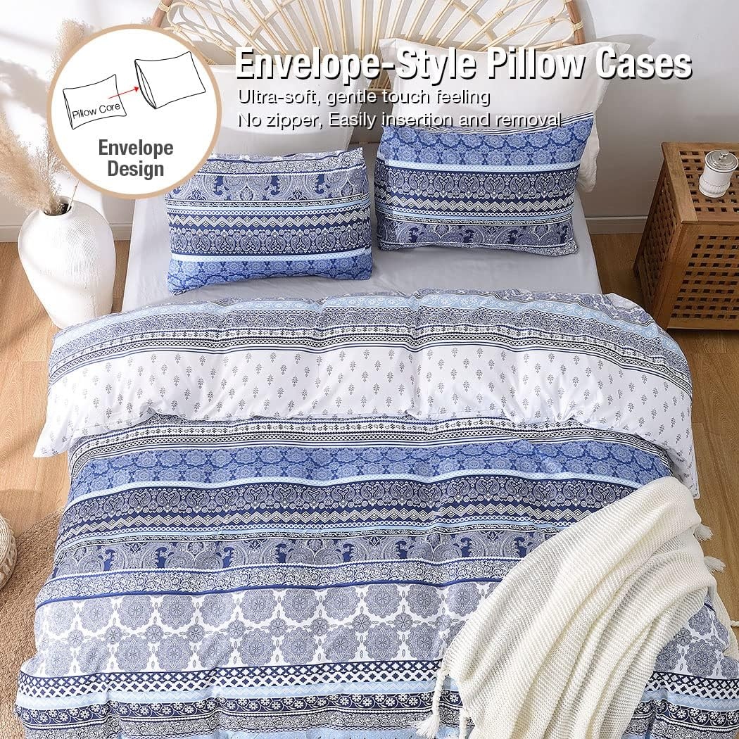 image:imageLekesky Duvet Cover Queen Size Reversible Botanical Floral Duvet Cover Set with Zipper Closure 3 Pieces Soft Microfiber Green Bedding Set 1Duvet Cover 90x90 2 Pillowcases 20x26A Blue Bohemia Style