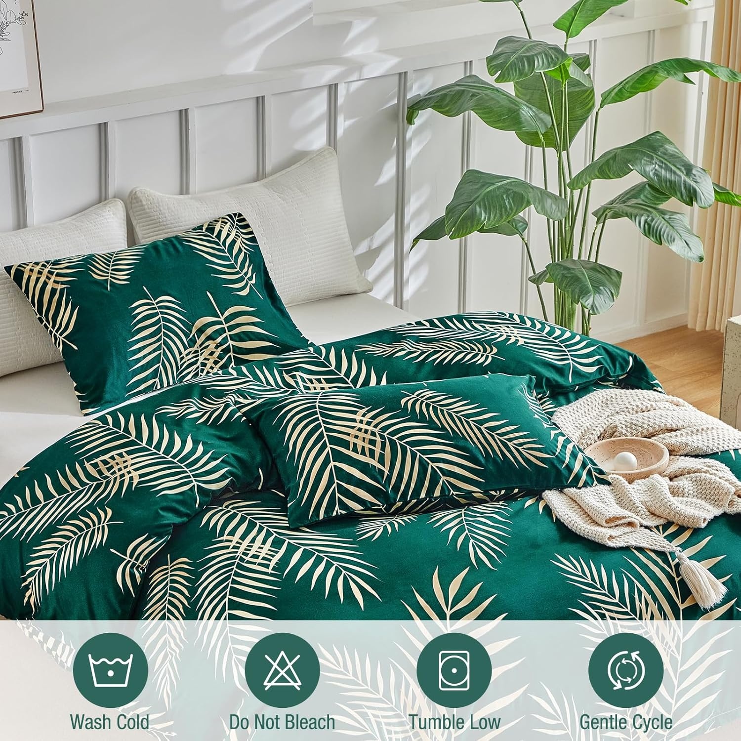 image:imageLekesky Duvet Cover Queen Size Reversible Botanical Floral Duvet Cover Set with Zipper Closure 3 Pieces Soft Microfiber Green Bedding Set 1Duvet Cover 90x90 2 Pillowcases 20x26C Greengold Leaf No Comforter