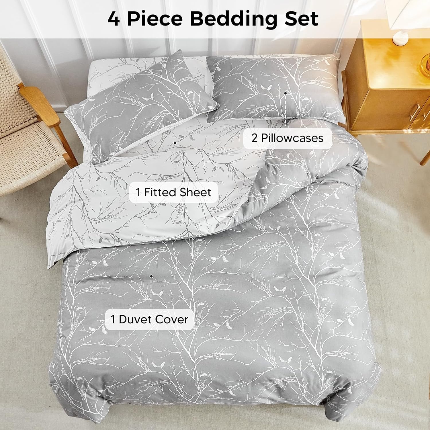 image:imageLekesky Duvet Cover Queen Size Reversible Botanical Floral Duvet Cover Set with Zipper Closure 3 Pieces Soft Microfiber Green Bedding Set 1Duvet Cover 90x90 2 Pillowcases 20x26Bgrey Branch