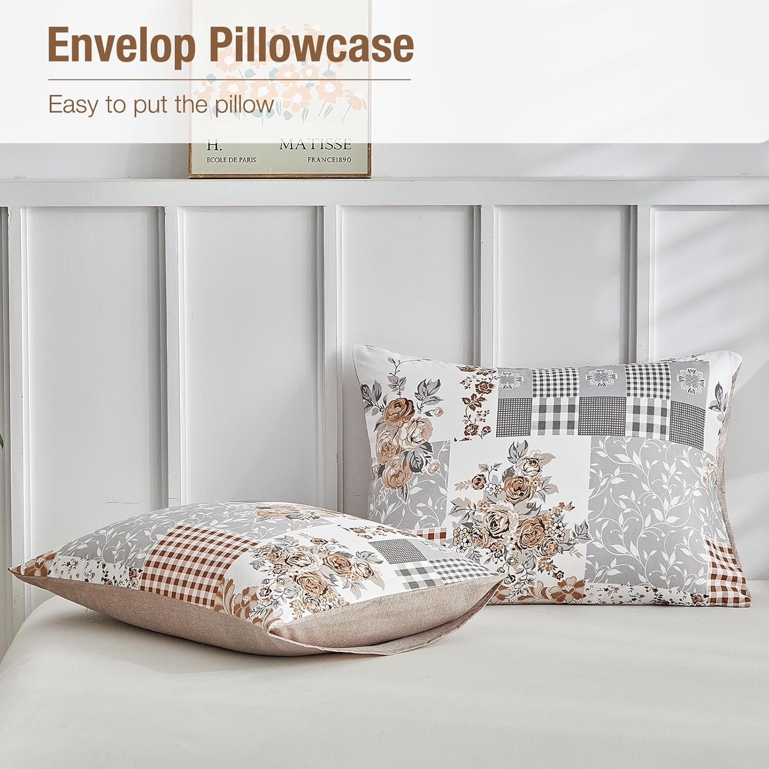 image:imageLekesky Duvet Cover Queen Size Reversible Botanical Floral Duvet Cover Set with Zipper Closure 3 Pieces Soft Microfiber Green Bedding Set 1Duvet Cover 90x90 2 Pillowcases 20x26Dpatchworkgrey
