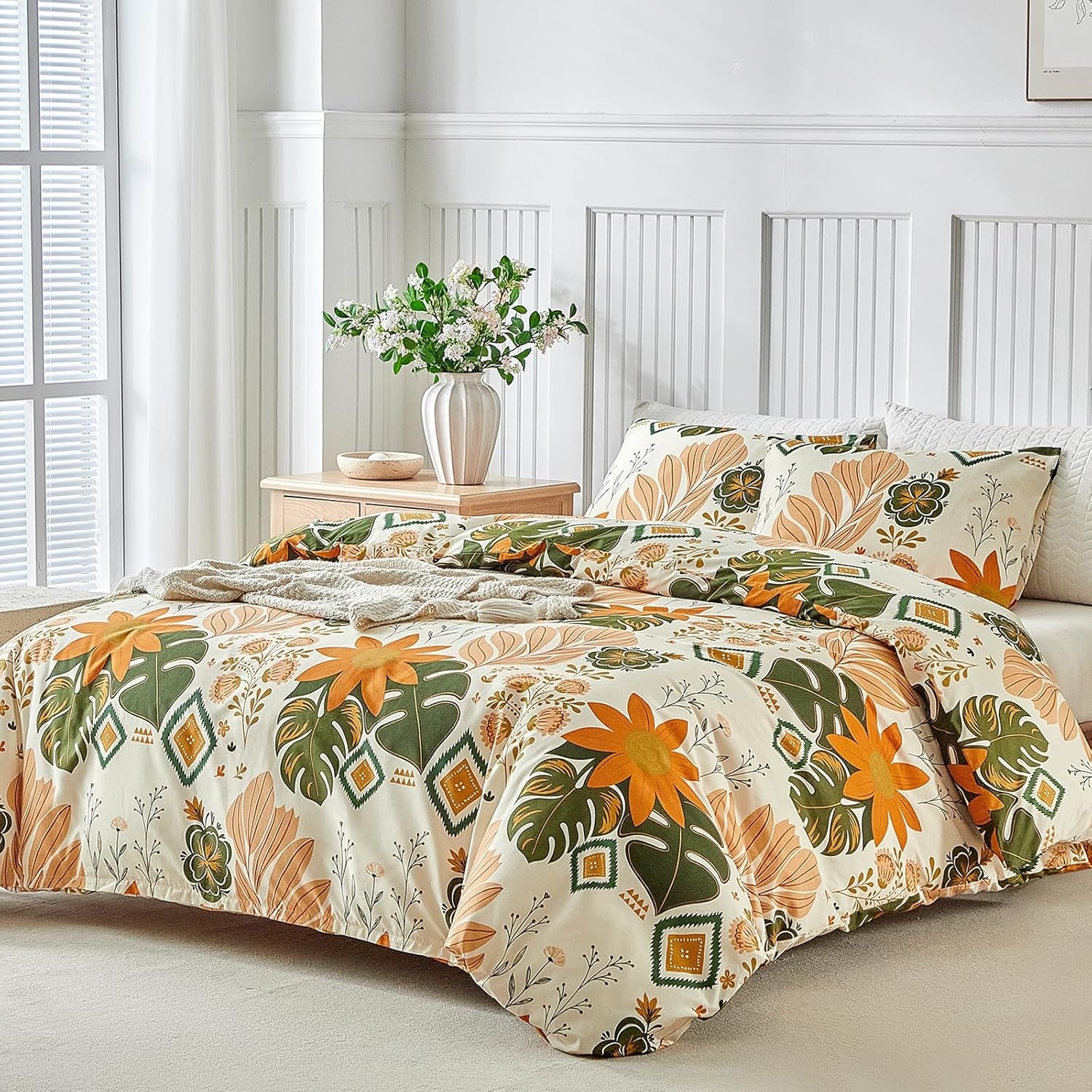 image:imageLekesky Duvet Cover Queen Size Reversible Botanical Floral Duvet Cover Set with Zipper Closure 3 Pieces Soft Microfiber Green Bedding Set 1Duvet Cover 90x90 2 Pillowcases 20x26C Yellowbaroque