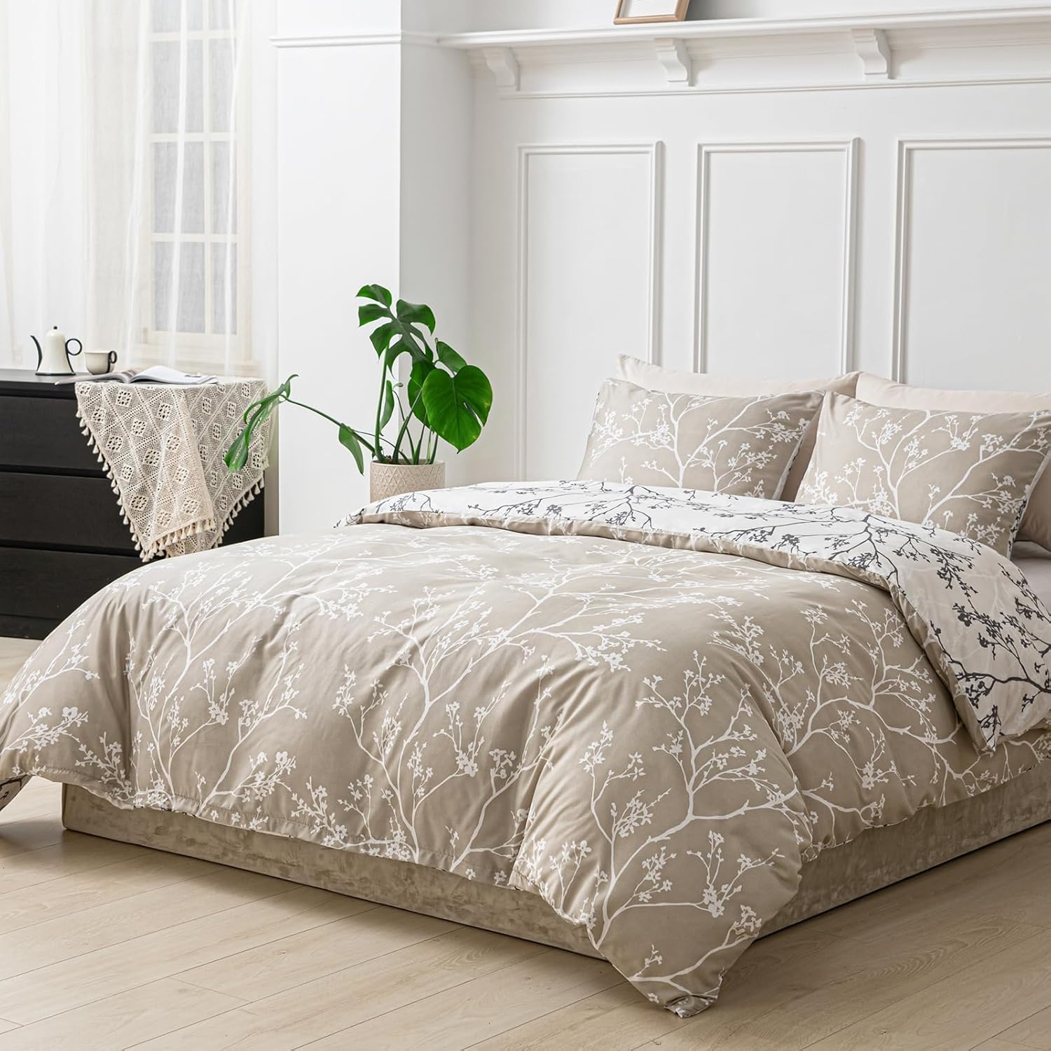 image:imageLekesky Duvet Cover Queen Size Reversible Botanical Floral Duvet Cover Set with Zipper Closure 3 Pieces Soft Microfiber Green Bedding Set 1Duvet Cover 90x90 2 Pillowcases 20x26C Khaki Whiteno Comforter