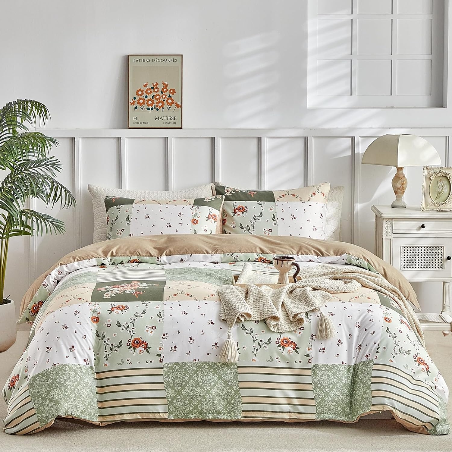 image:imageLekesky Duvet Cover Queen Size Reversible Botanical Floral Duvet Cover Set with Zipper Closure 3 Pieces Soft Microfiber Green Bedding Set 1Duvet Cover 90x90 2 Pillowcases 20x26Dpatchworkgreen