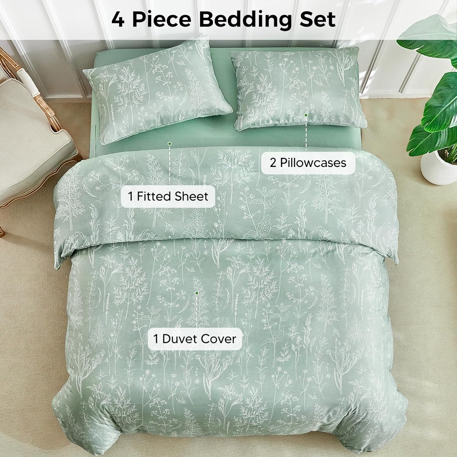 image:imageLekesky Duvet Cover Queen Size Reversible Botanical Floral Duvet Cover Set with Zipper Closure 3 Pieces Soft Microfiber Green Bedding Set 1Duvet Cover 90x90 2 Pillowcases 20x26C Sage Green
