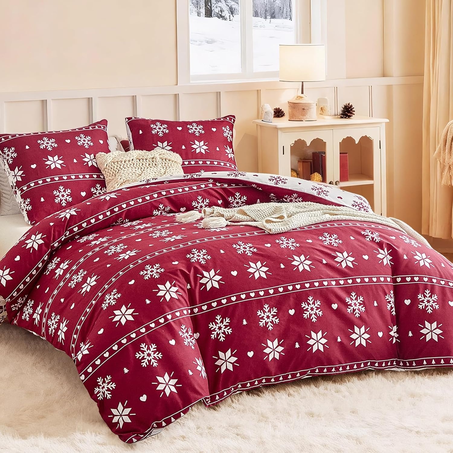 image:imageLekesky Duvet Cover Queen Size Reversible Botanical Floral Duvet Cover Set with Zipper Closure 3 Pieces Soft Microfiber Green Bedding Set 1Duvet Cover 90x90 2 Pillowcases 20x26C Snowflakes