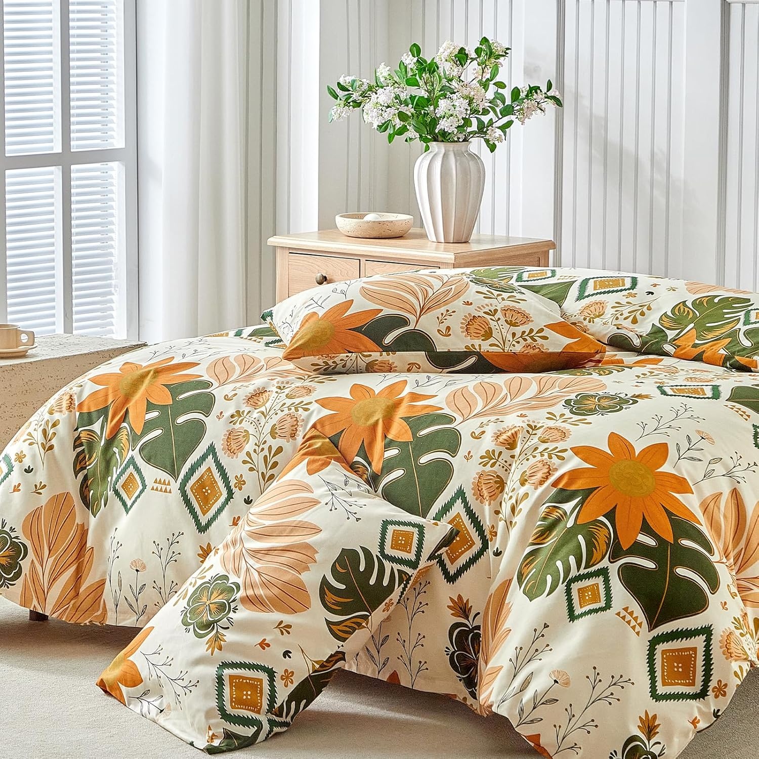 image:imageLekesky Duvet Cover Queen Size Reversible Botanical Floral Duvet Cover Set with Zipper Closure 3 Pieces Soft Microfiber Green Bedding Set 1Duvet Cover 90x90 2 Pillowcases 20x26C Yellowbaroque