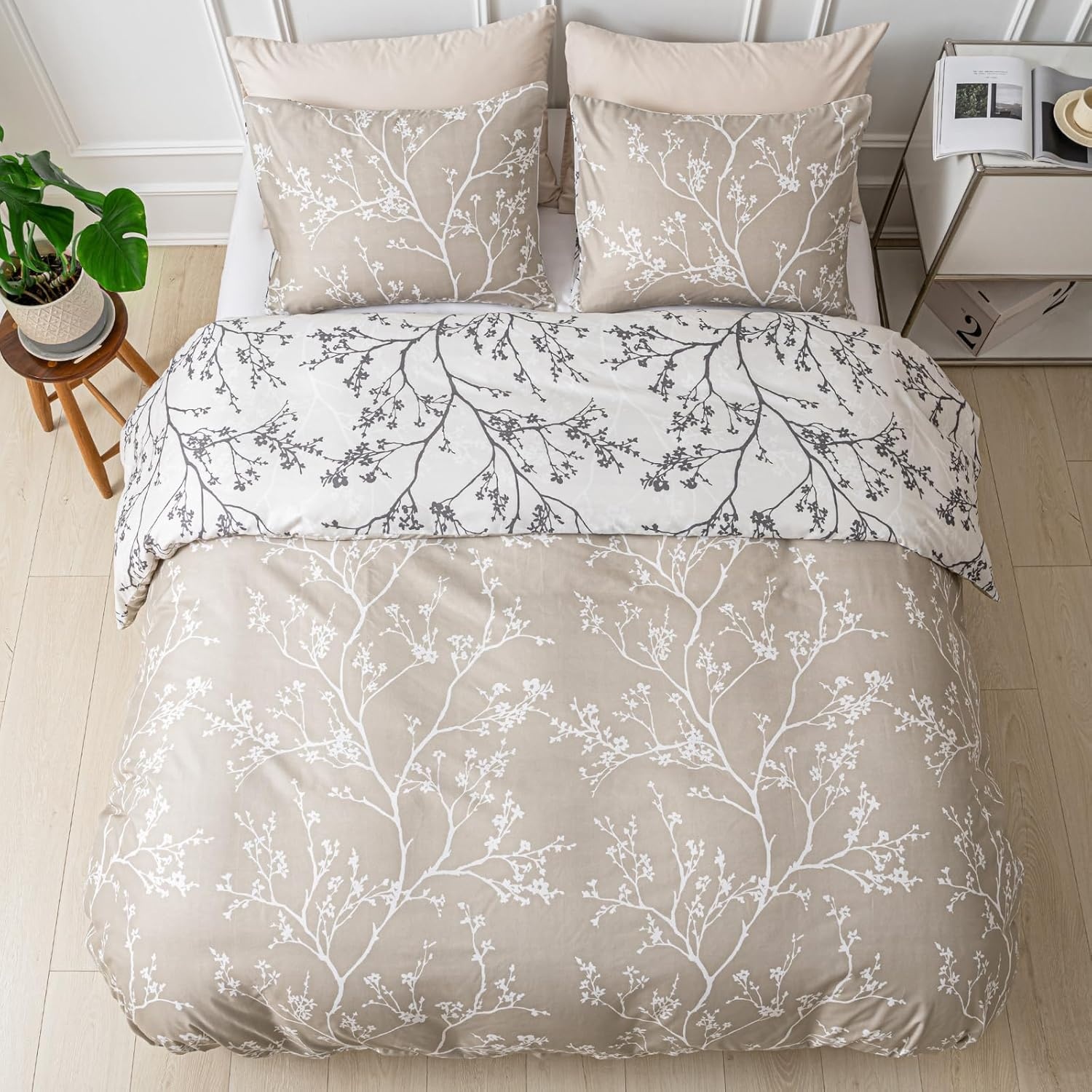 image:imageLekesky Duvet Cover Queen Size Reversible Botanical Floral Duvet Cover Set with Zipper Closure 3 Pieces Soft Microfiber Green Bedding Set 1Duvet Cover 90x90 2 Pillowcases 20x26C Khaki Whiteno Comforter