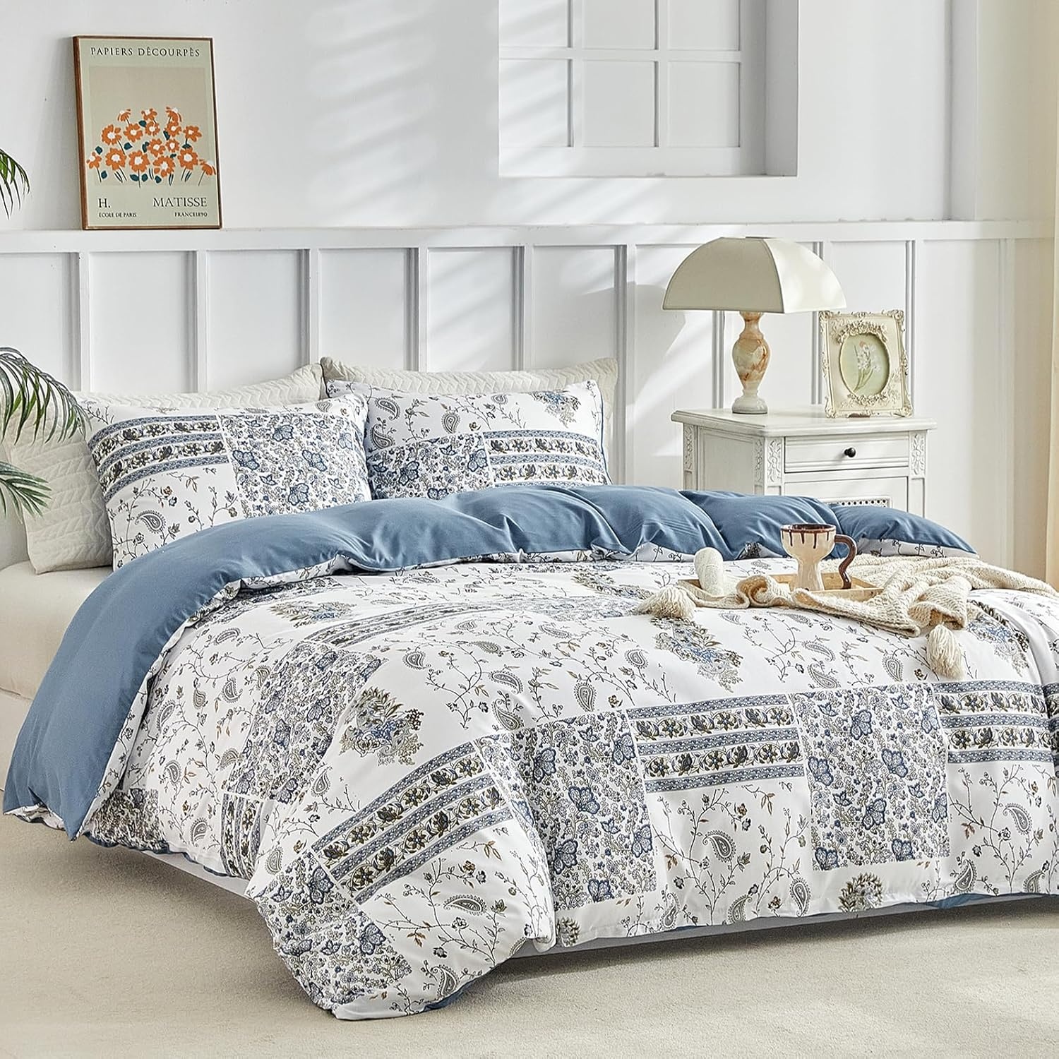 image:imageLekesky Duvet Cover Queen Size Reversible Botanical Floral Duvet Cover Set with Zipper Closure 3 Pieces Soft Microfiber Green Bedding Set 1Duvet Cover 90x90 2 Pillowcases 20x26Dpatchworkblue