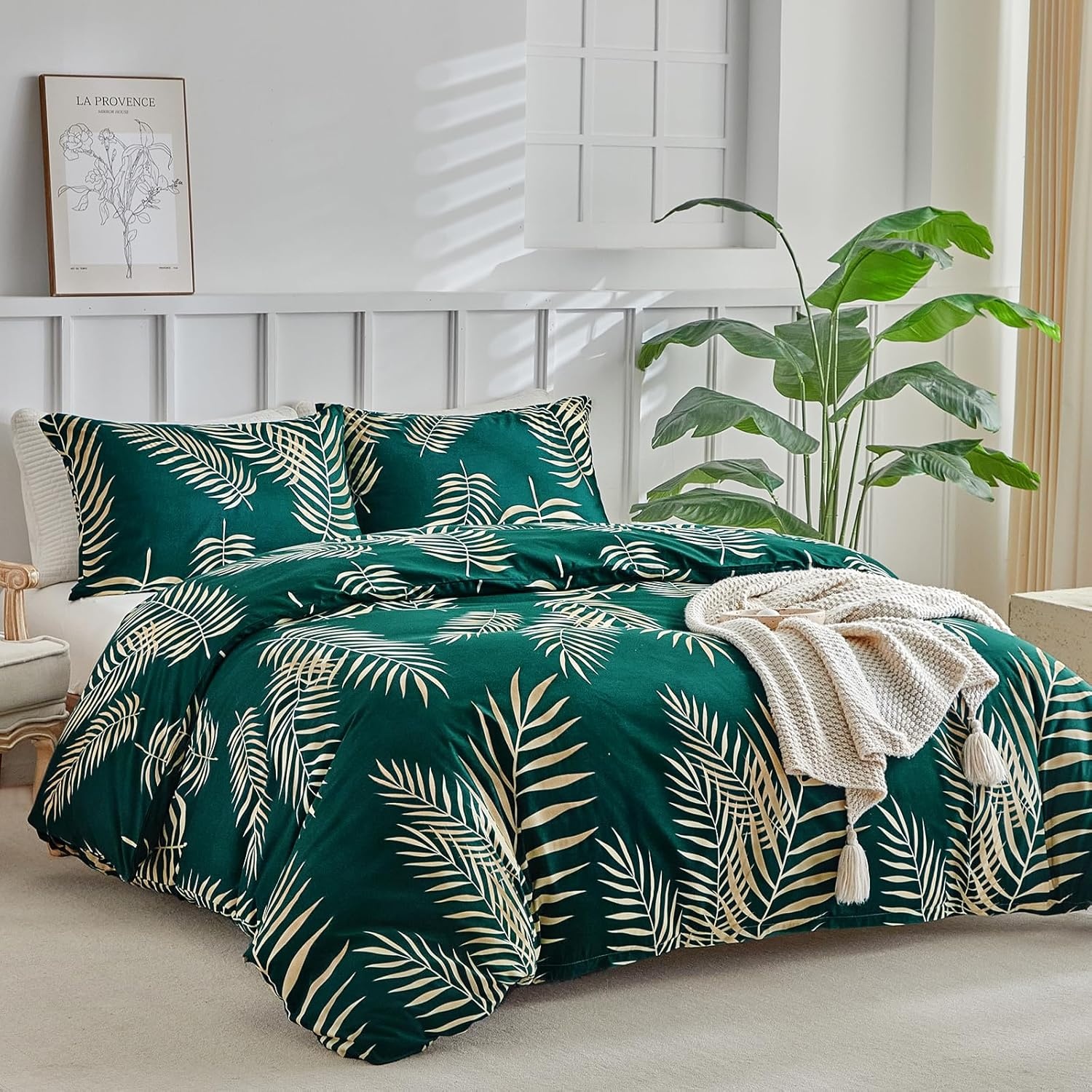 image:imageLekesky Duvet Cover Queen Size Reversible Botanical Floral Duvet Cover Set with Zipper Closure 3 Pieces Soft Microfiber Green Bedding Set 1Duvet Cover 90x90 2 Pillowcases 20x26C Greengold Leaf No Comforter