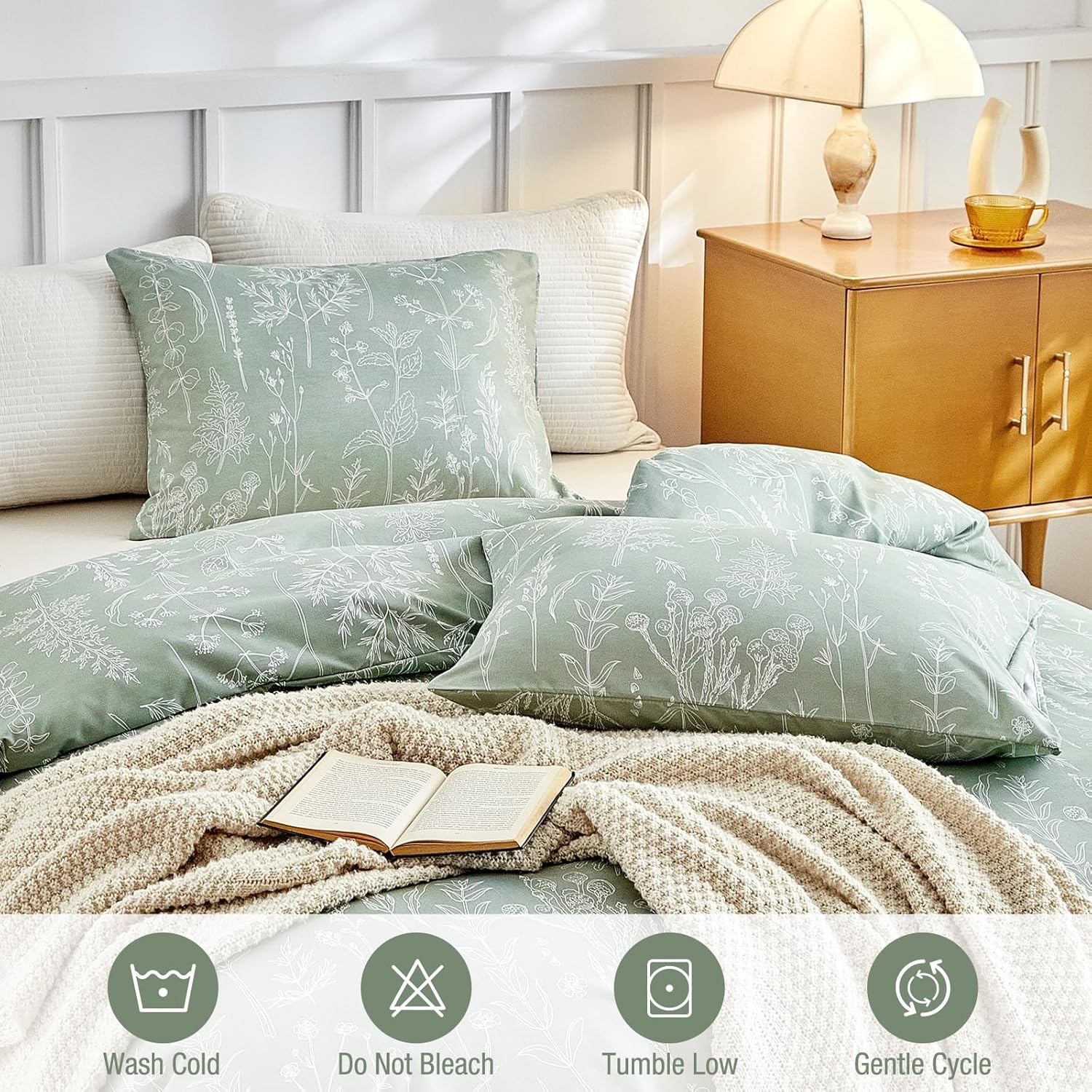 image:imageLekesky Duvet Cover Queen Size Reversible Botanical Floral Duvet Cover Set with Zipper Closure 3 Pieces Soft Microfiber Green Bedding Set 1Duvet Cover 90x90 2 Pillowcases 20x26C Sage Green