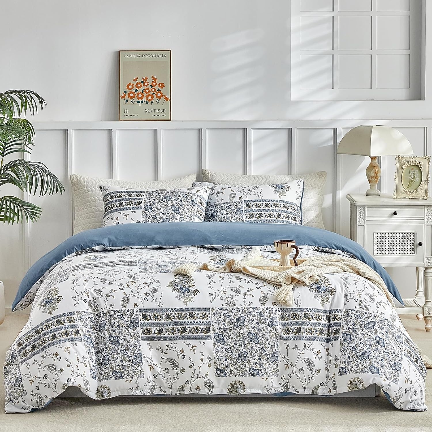 image:imageLekesky Duvet Cover Queen Size Reversible Botanical Floral Duvet Cover Set with Zipper Closure 3 Pieces Soft Microfiber Green Bedding Set 1Duvet Cover 90x90 2 Pillowcases 20x26Dpatchworkblue